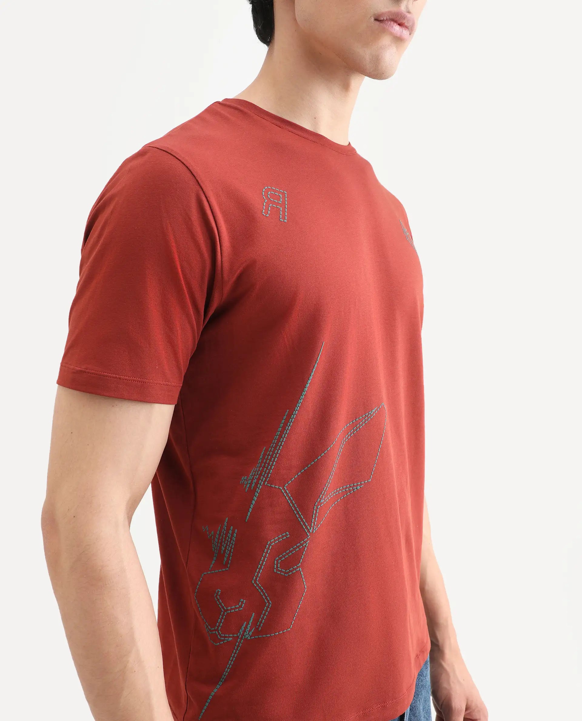 Rare Rabbit Men's Vin Rust Cotton Blend Fabric Half Sleeve Crew Neck Regular Fit T-Shirt