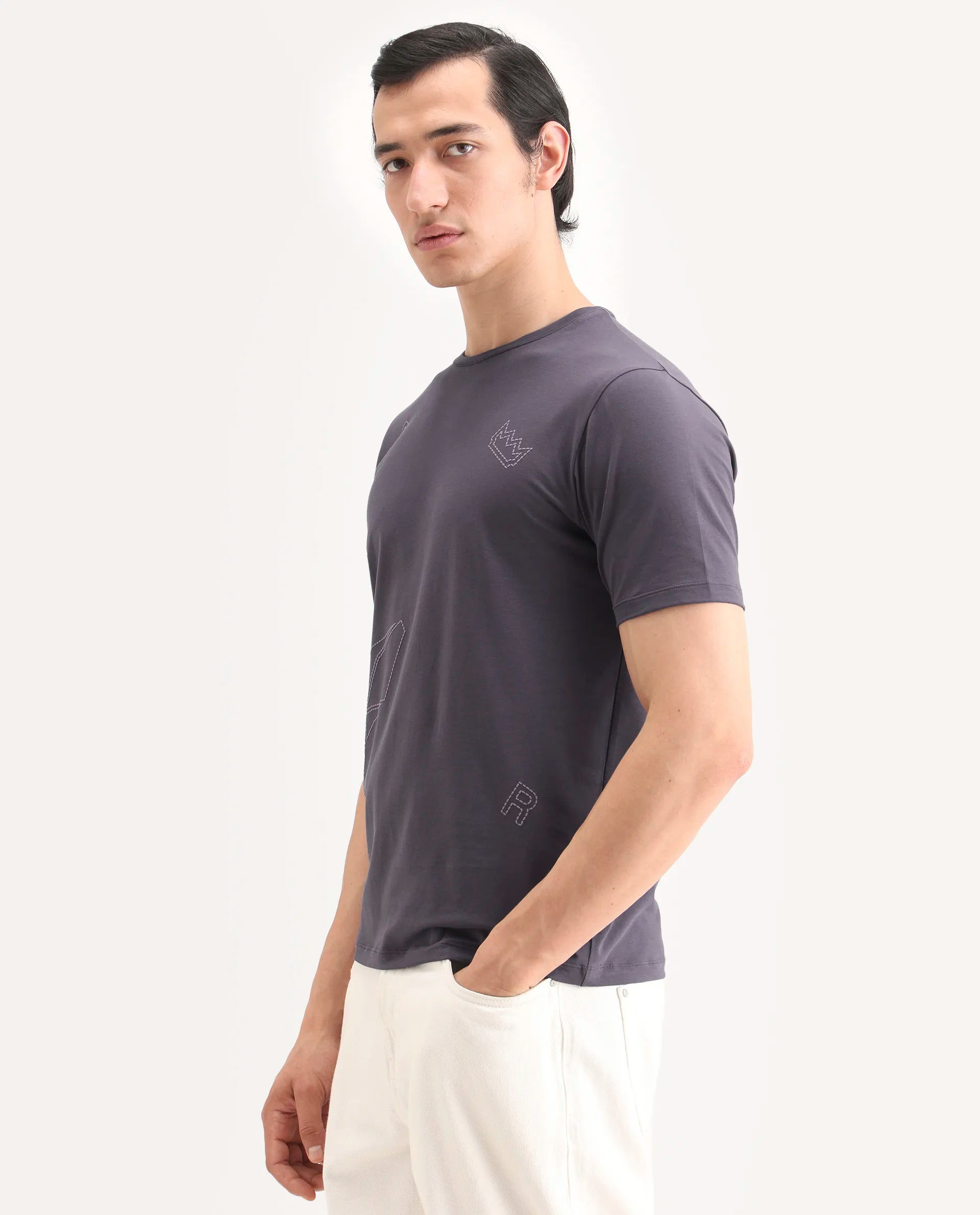 Rare Rabbit Men's Vin Dusky Purple Cotton Blend Fabric Half Sleeve Crew Neck Regular Fit Graphic Print T-Shirt