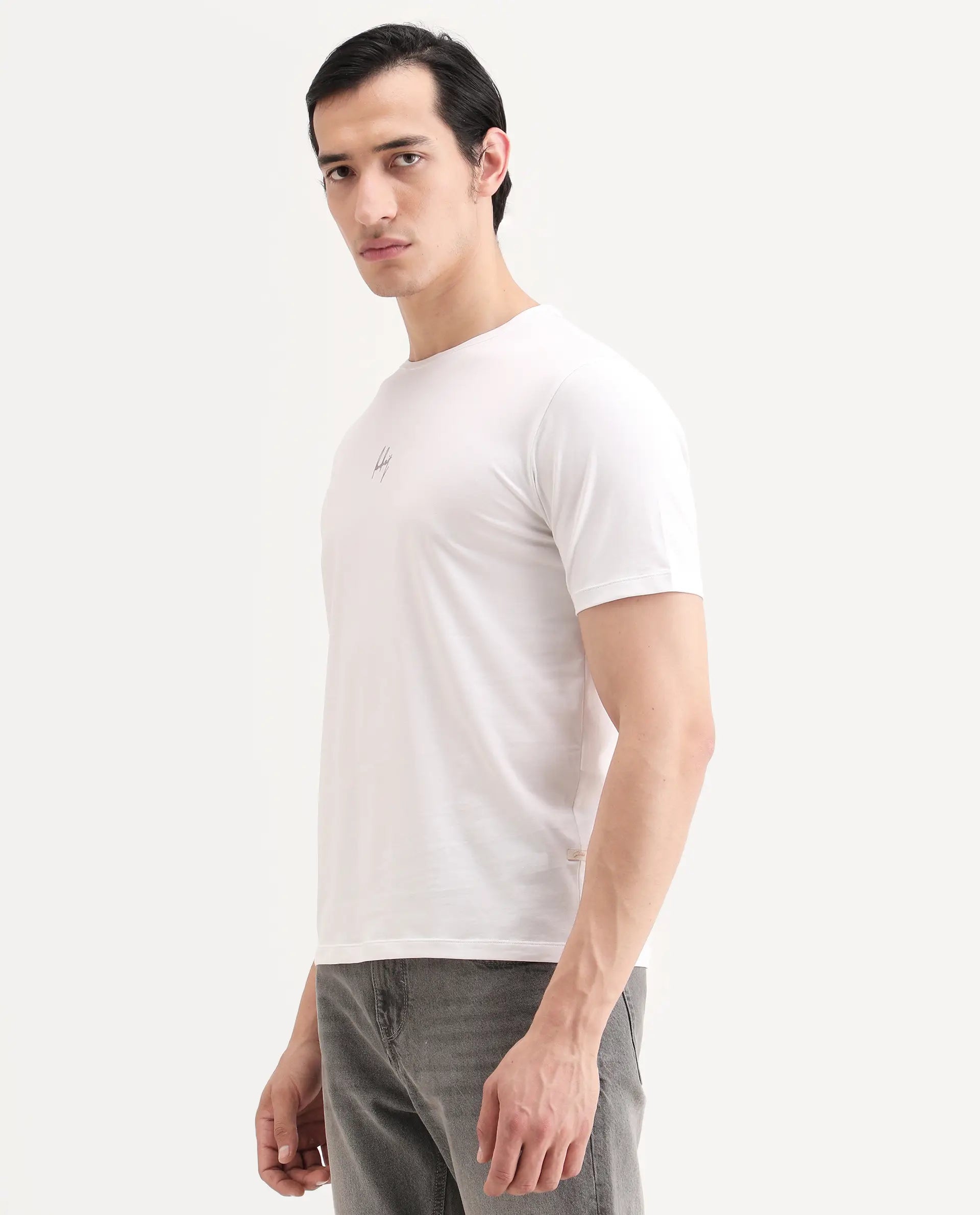 Rare Rabbit Men's Wan White Cotton Blend Fabric Half Sleeve Crew Neck Regular Fit Graphic Print T-Shirt