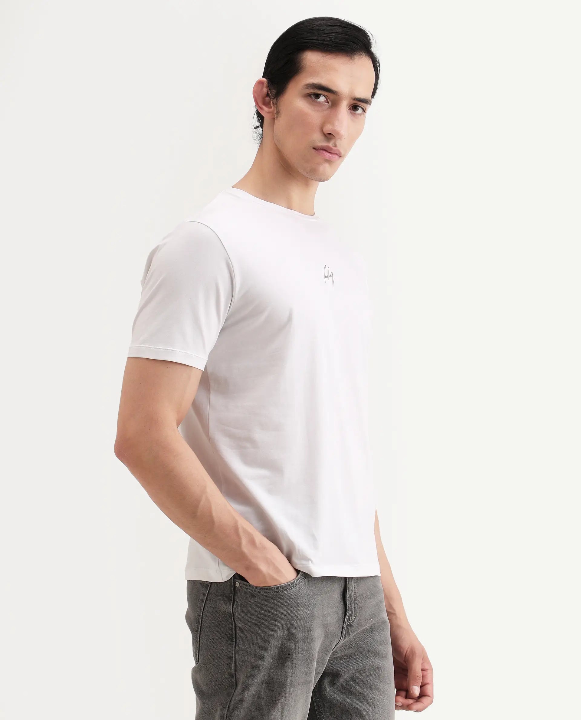 Rare Rabbit Men's Wan White Cotton Blend Fabric Half Sleeve Crew Neck Regular Fit Graphic Print T-Shirt