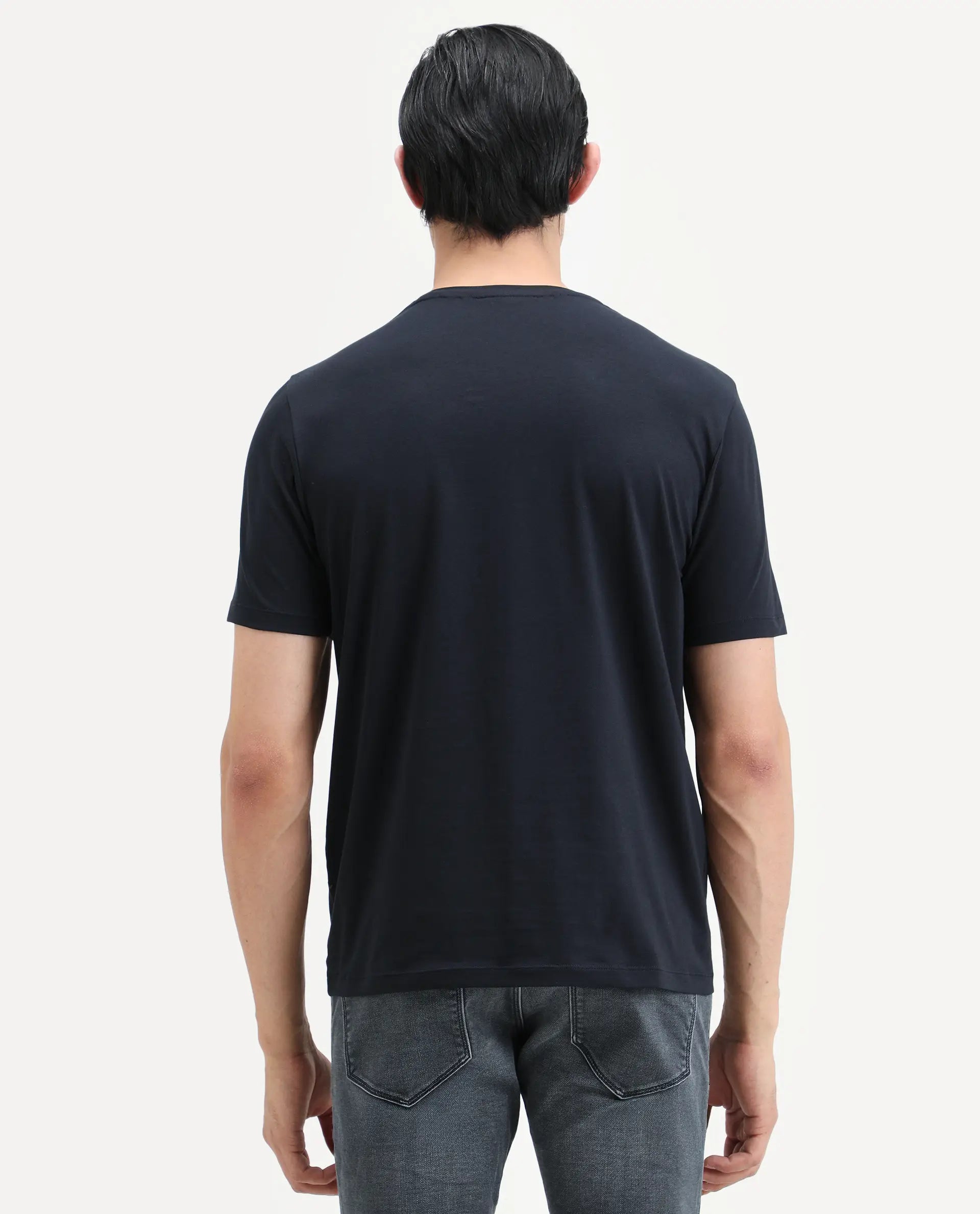 Rare Rabbit Men's Wan Navy Cotton Blend Fabric Half Sleeve Crew Neck Regular Fit HD Print T-Shirt