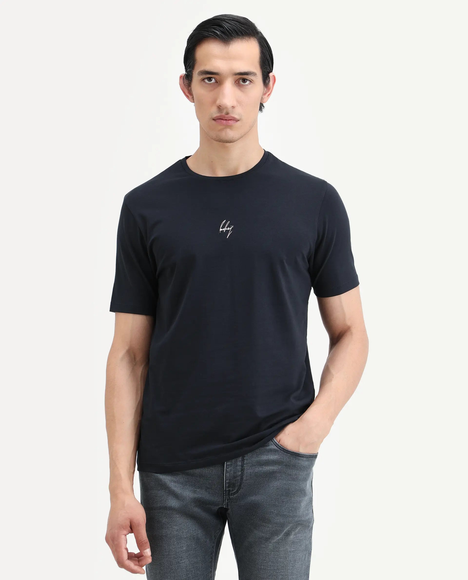Rare Rabbit Men's Wan Navy Cotton Blend Fabric Half Sleeve Crew Neck Regular Fit HD Print T-Shirt