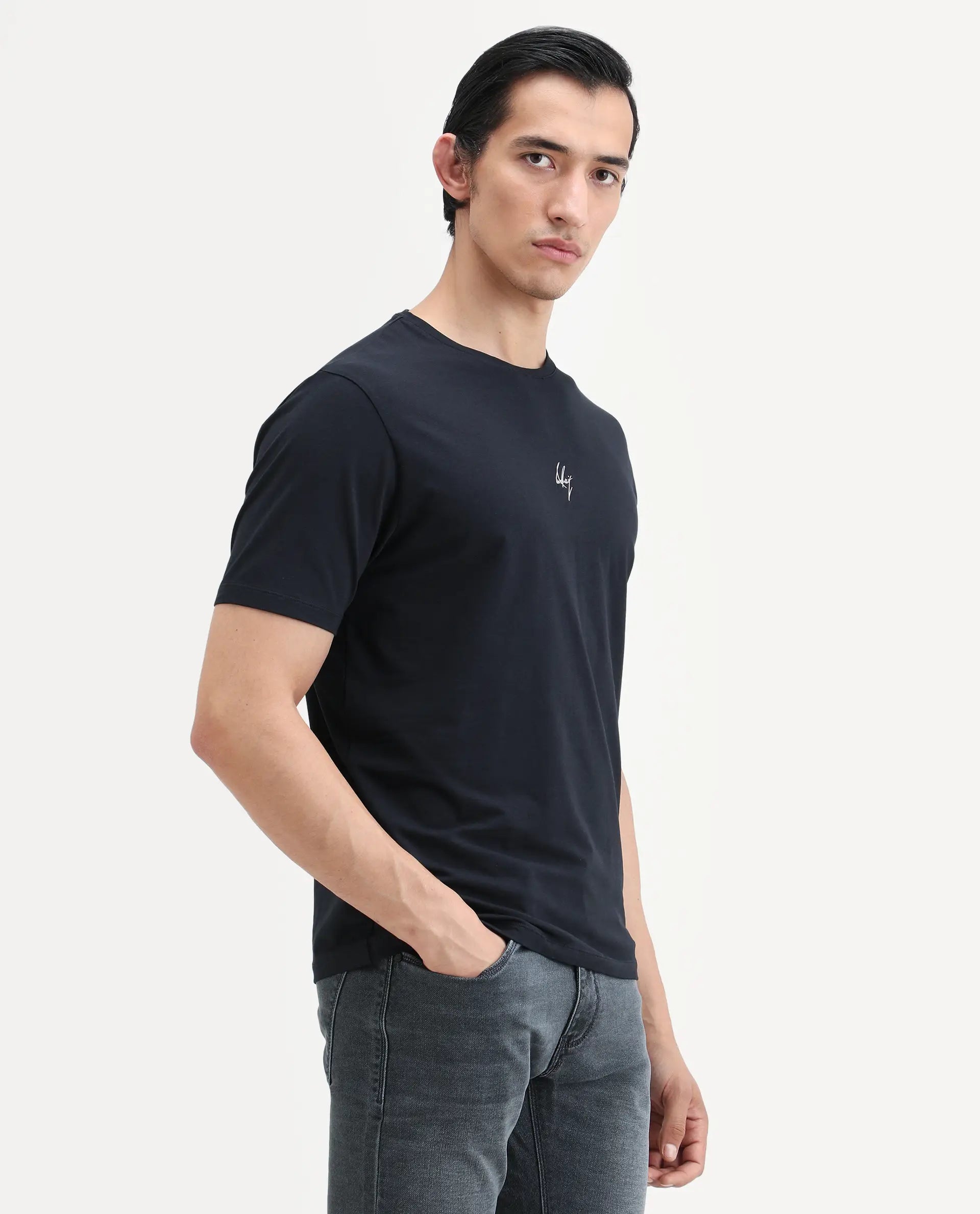 Rare Rabbit Men's Wan Navy Cotton Blend Fabric Half Sleeve Crew Neck Regular Fit HD Print T-Shirt