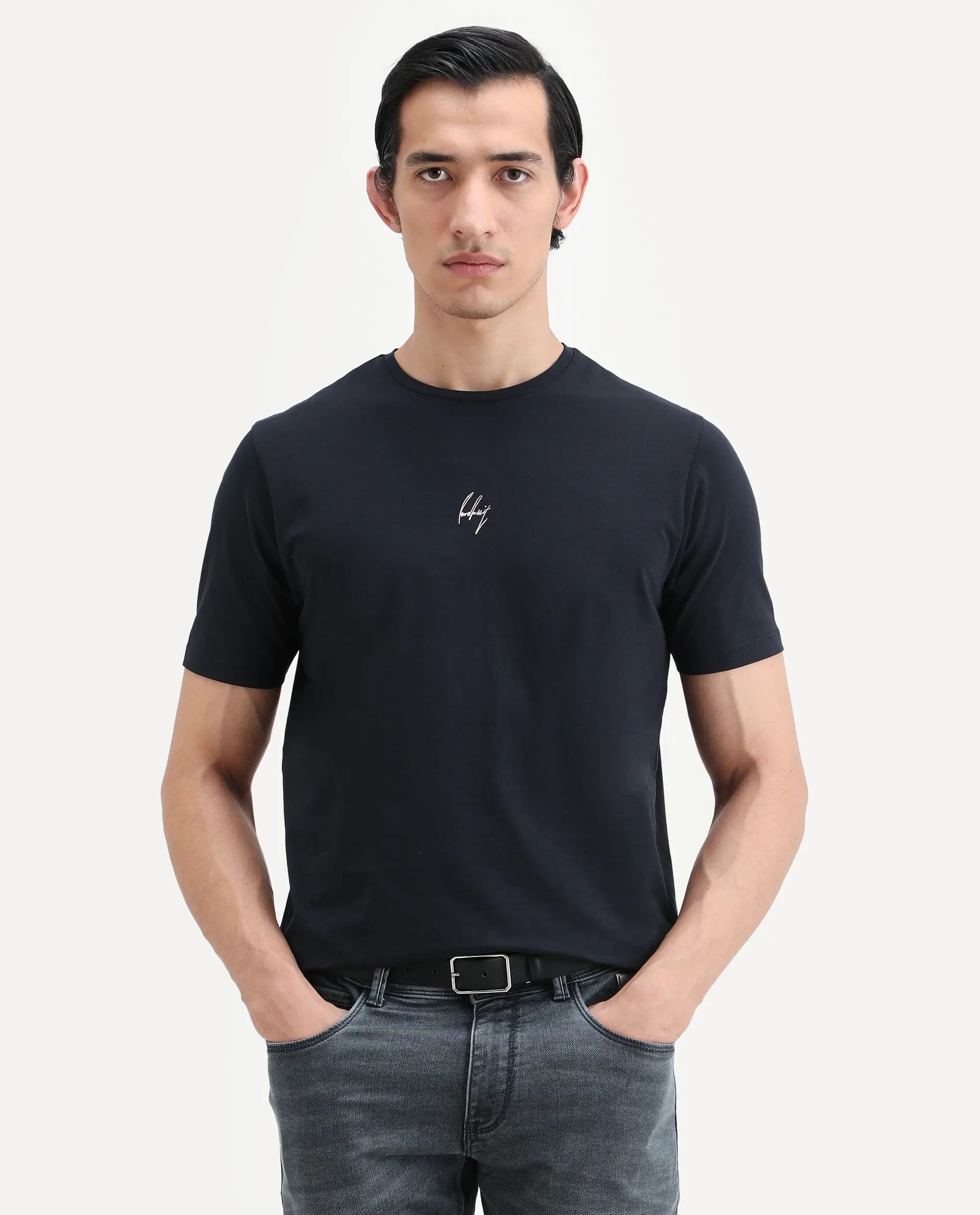 Rare Rabbit Men's Wan Navy Cotton Blend Fabric Half Sleeve Crew Neck Regular Fit HD Print T-Shirt