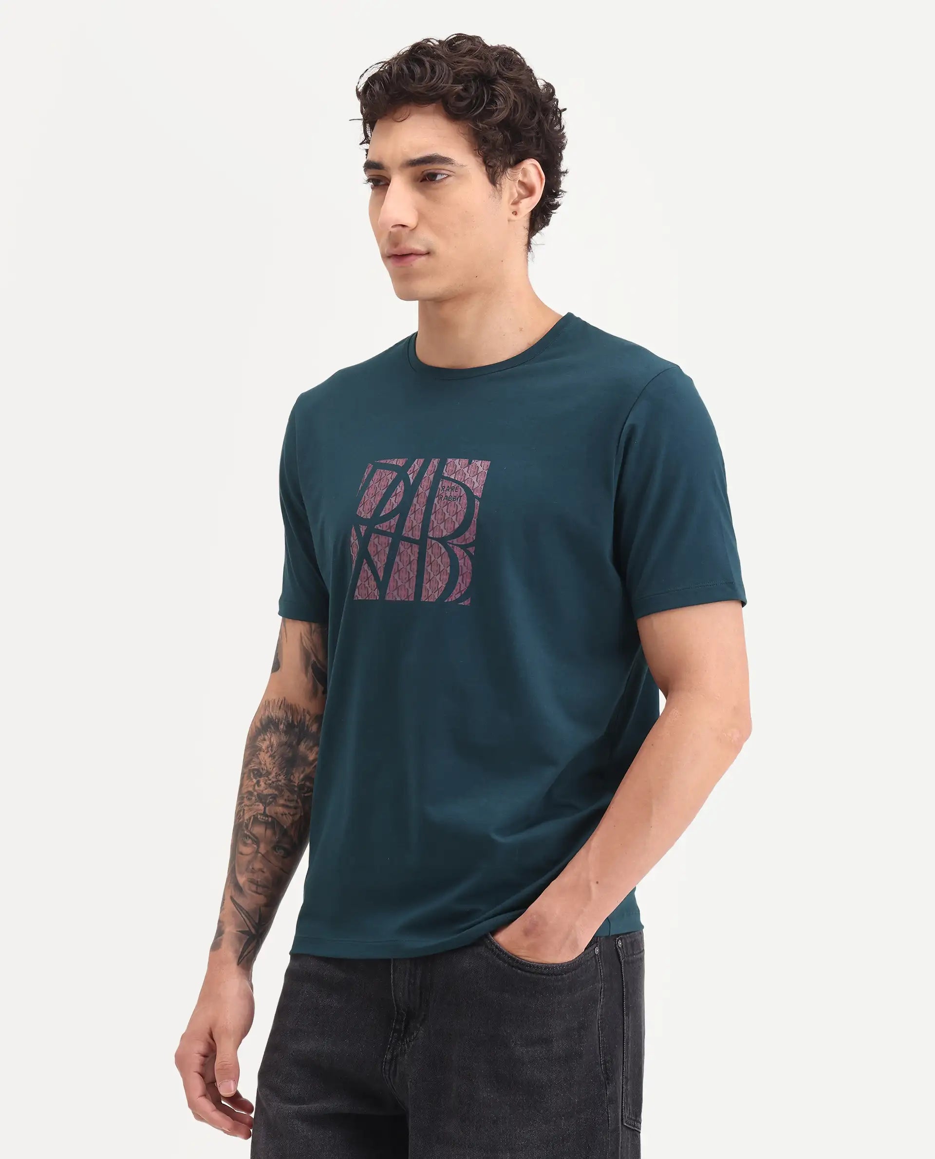Rare Rabbit Men's Wog Dark Teal Cotton Blend Fabric Half Sleeve Crew Neck Regular Fit Graphic Print T-Shirt
