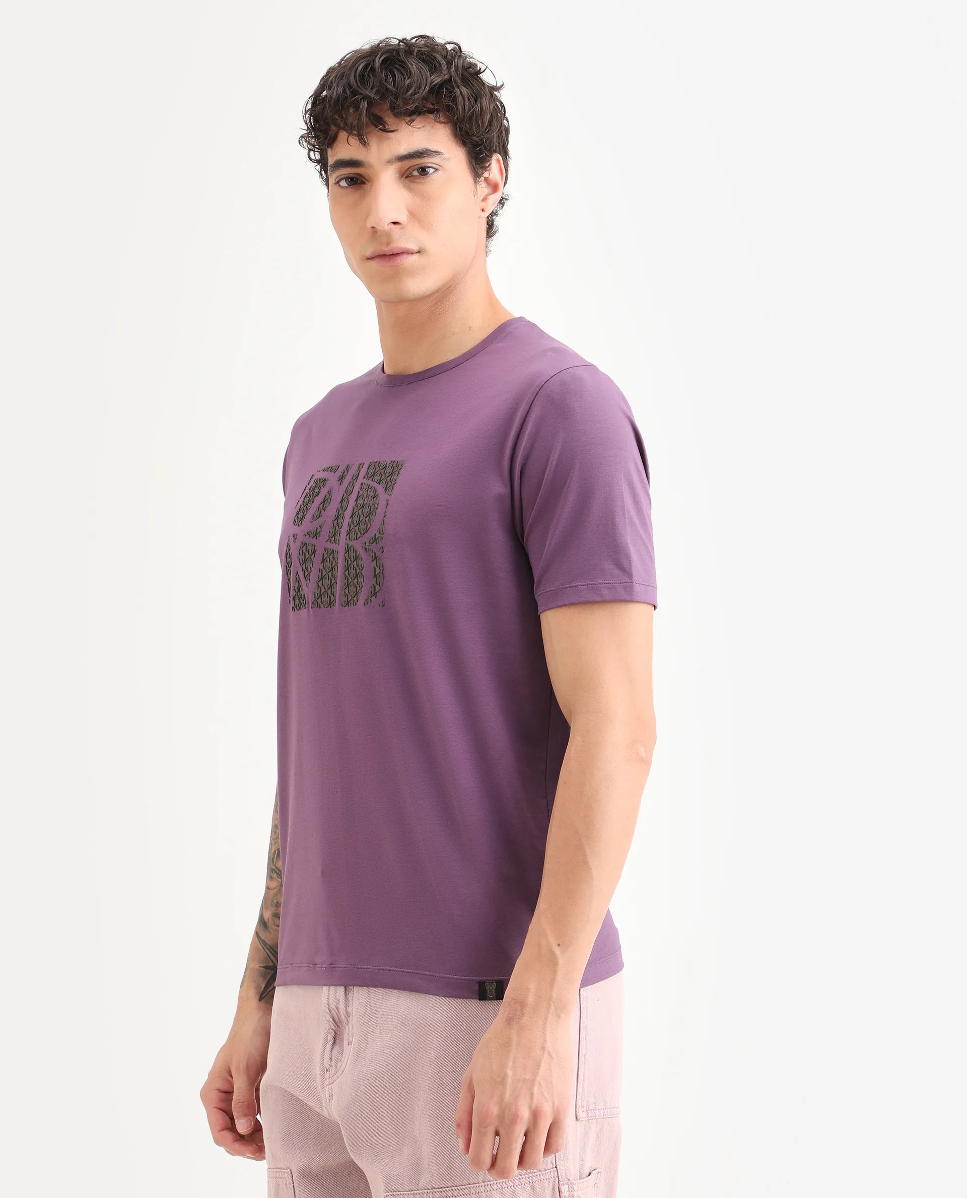 Rare Rabbit Men's Wog Dusky Purple Cotton Blend Fabric Half Sleeve Crew Neck Regular Fit Graphic Print T-Shirt