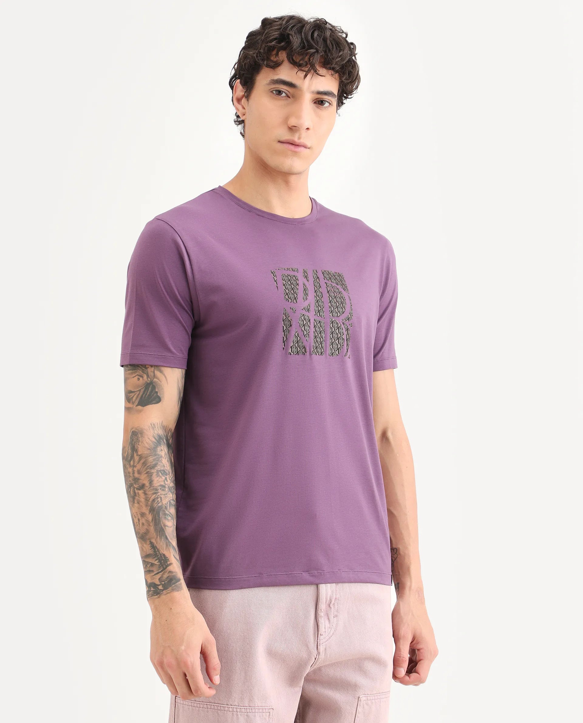 Rare Rabbit Men's Wog Dusky Purple Cotton Blend Fabric Half Sleeve Crew Neck Regular Fit Graphic Print T-Shirt