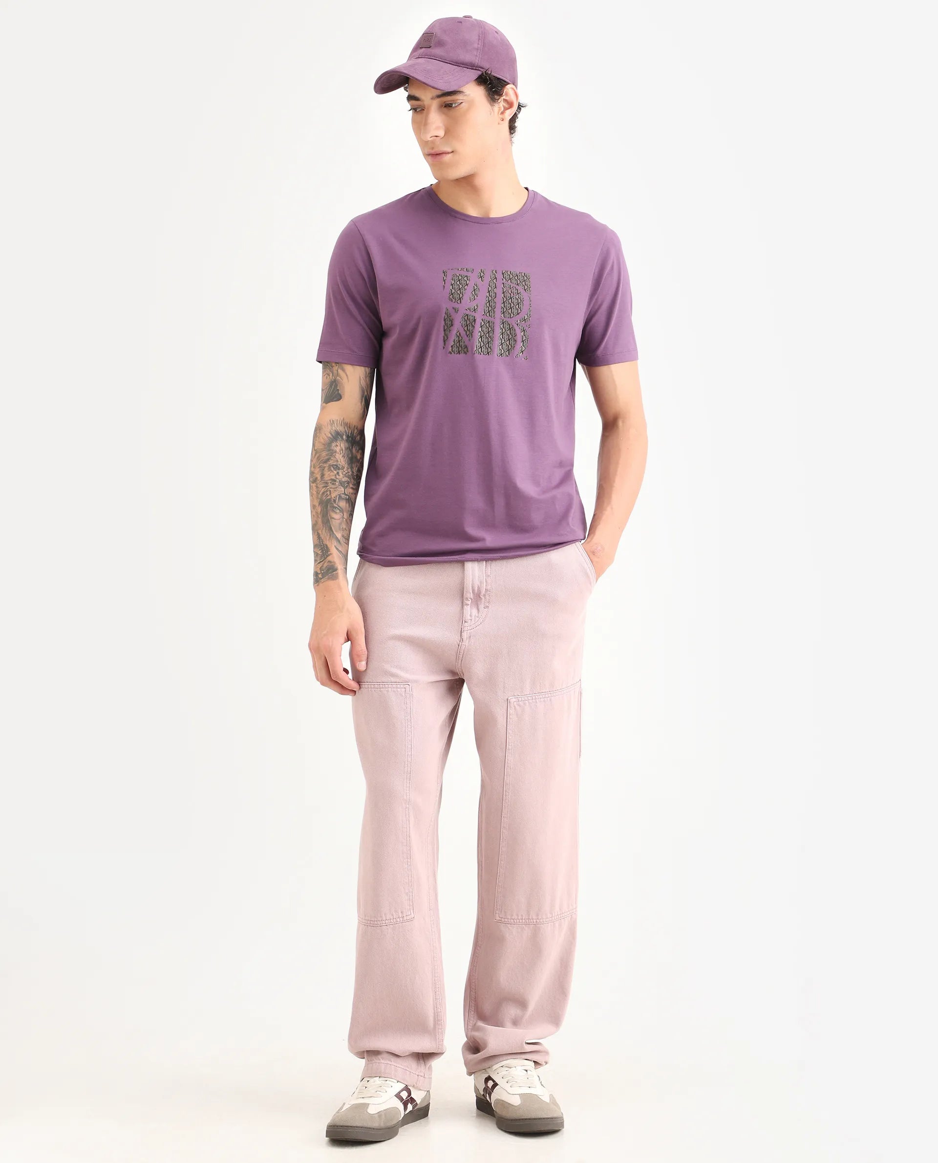 Rare Rabbit Men's Wog Dusky Purple Cotton Blend Fabric Half Sleeve Crew Neck Regular Fit Graphic Print T-Shirt