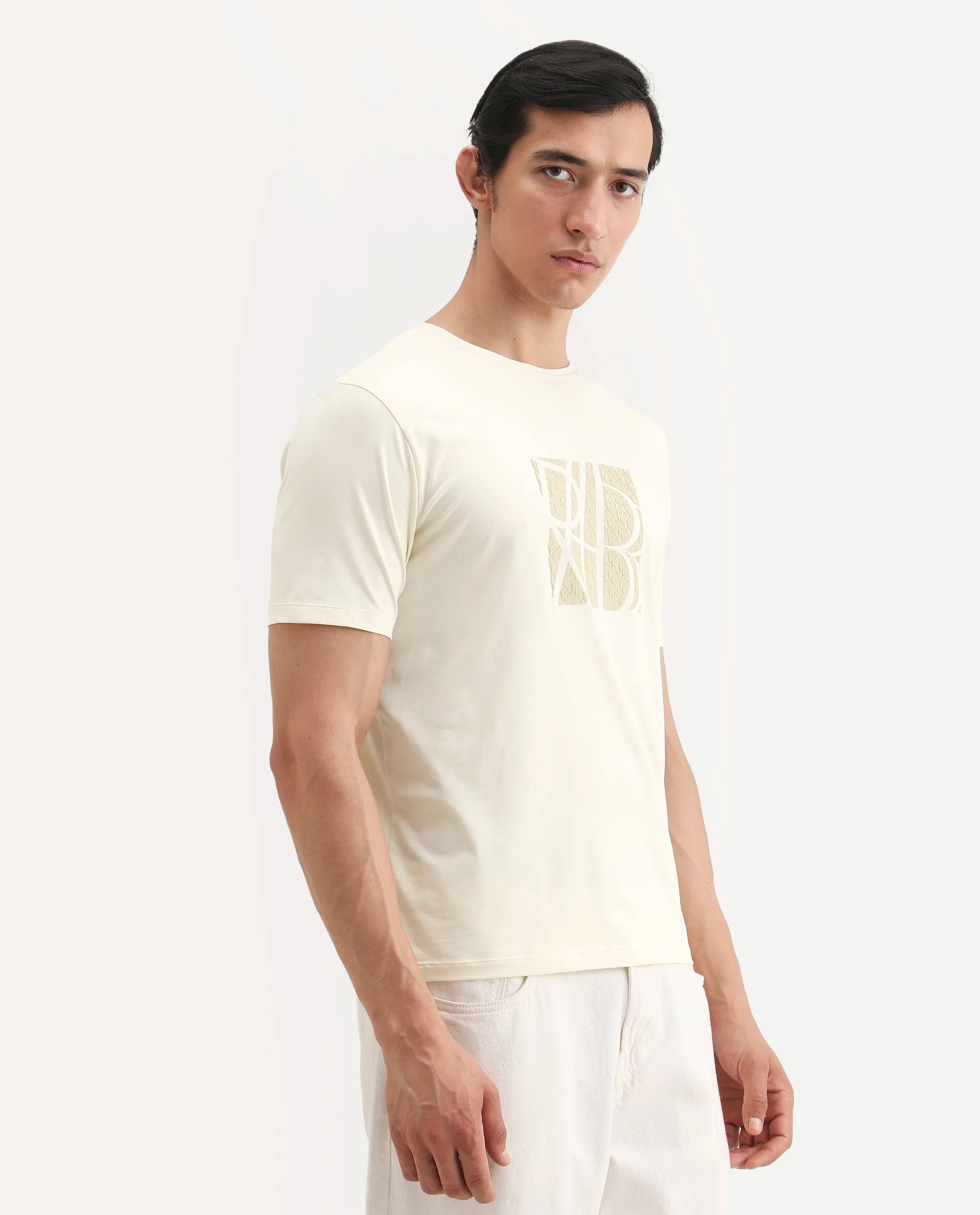 Rare Rabbit Men's Wog Pastel Yellow Cotton Blend Fabric Half Sleeve Crew Neck Regular Fit Graphic Print T-Shirt