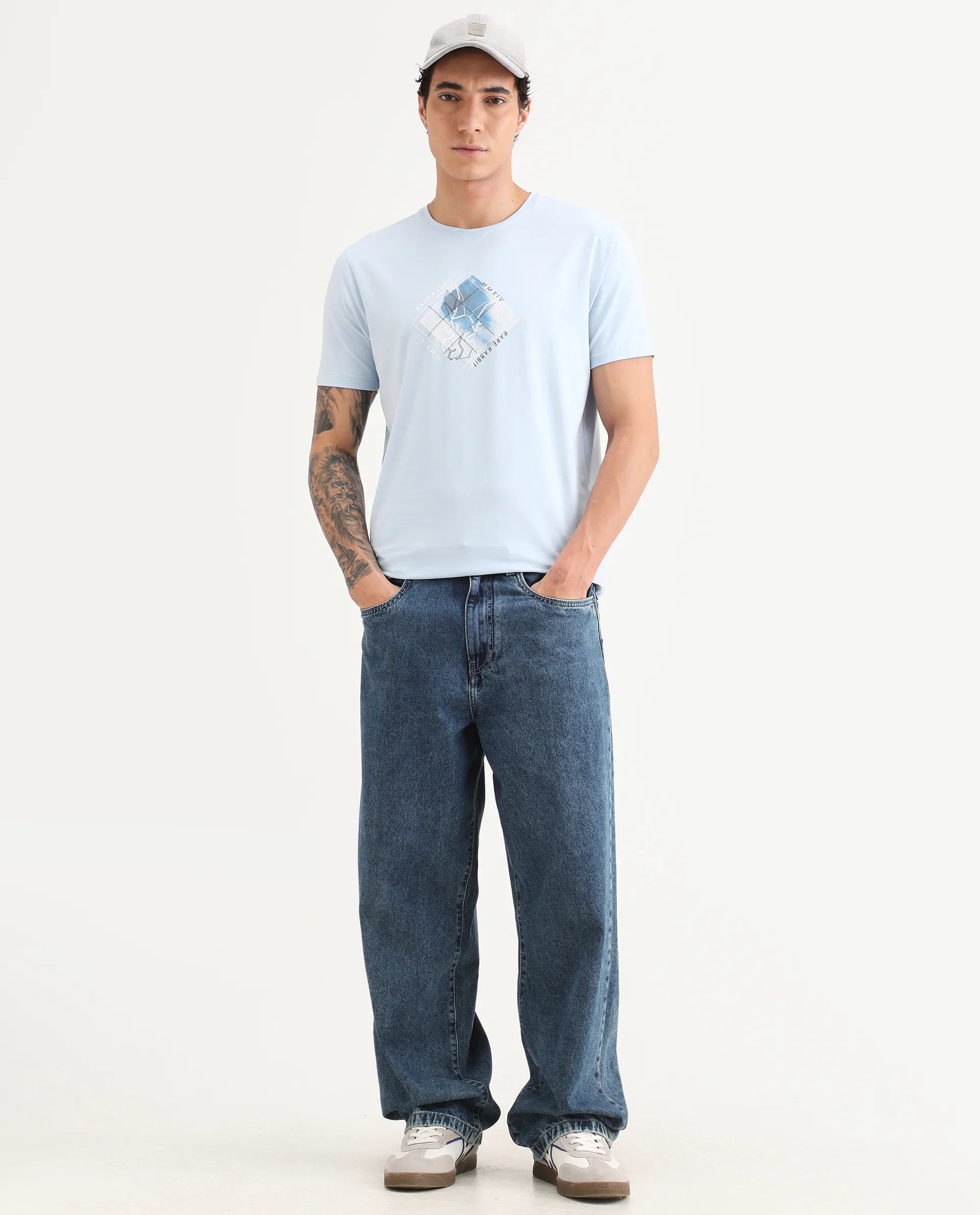 Rare Rabbit Men's Yal Blue Cotton Blend Fabric Half Sleeve Crew Neck Regular Fit Graphic Print T-Shirt