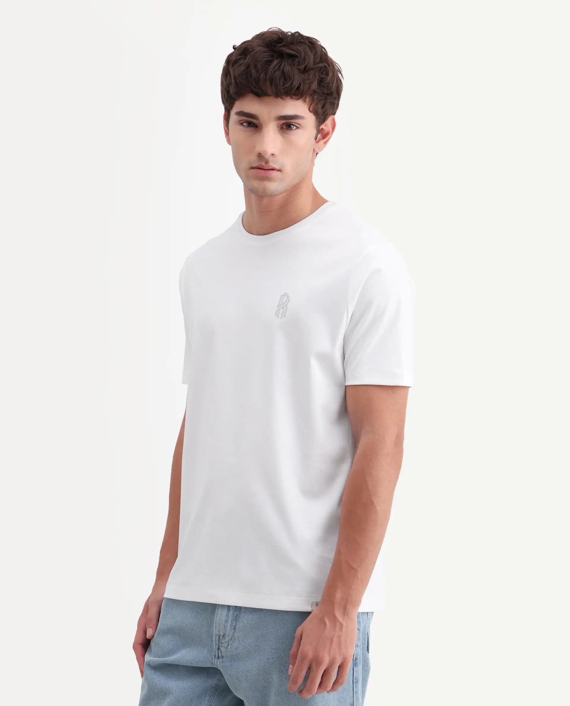 Rare Rabbit Men's Zenim White Cotton Fabric Half Sleeve Crew Neck Regular Fit Plain T-Shirt