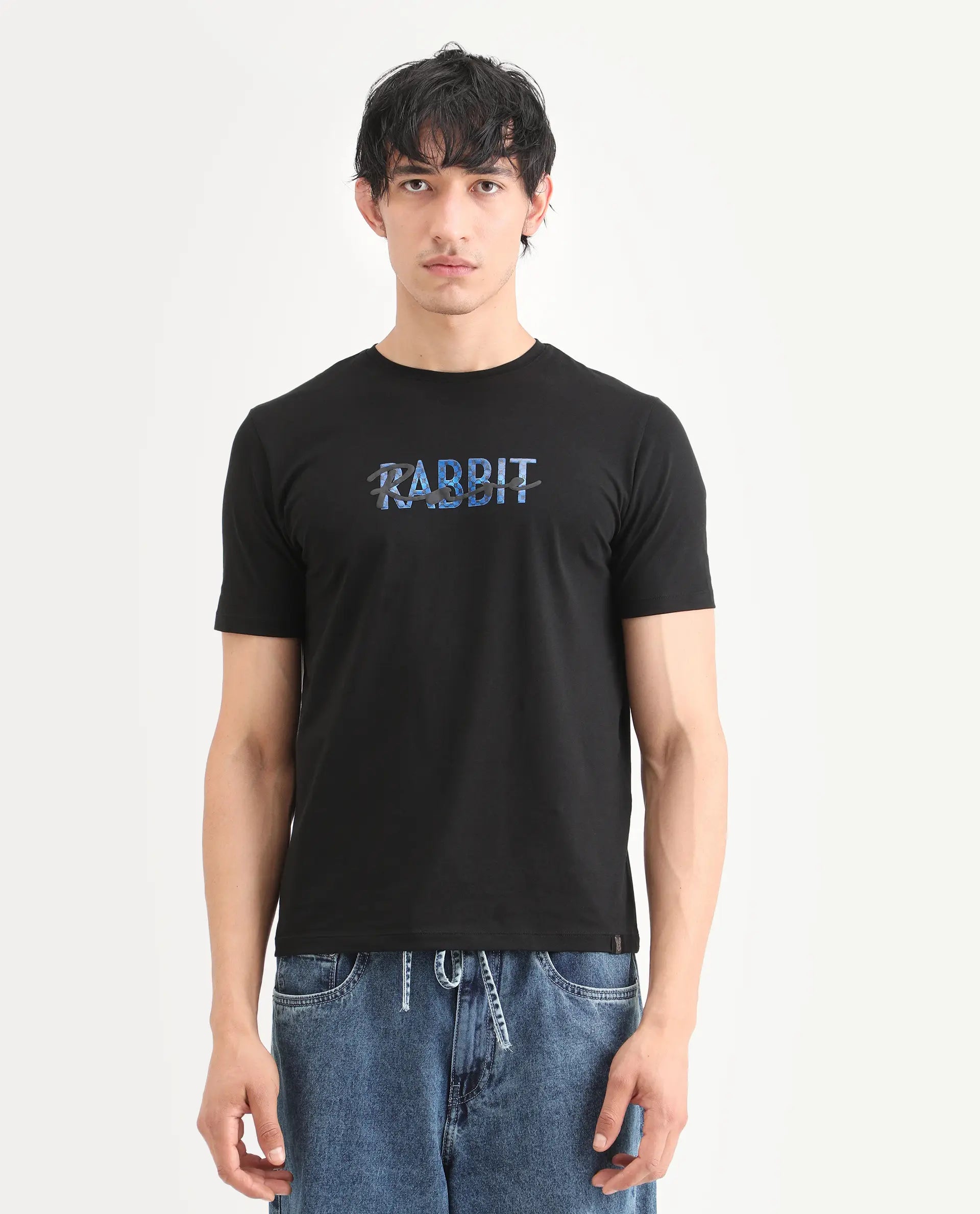 Rare Rabbit Men's Zint Black Cotton Blend Fabric Half Sleeve Crew Neck Regular Fit Graphic Print T-Shirt