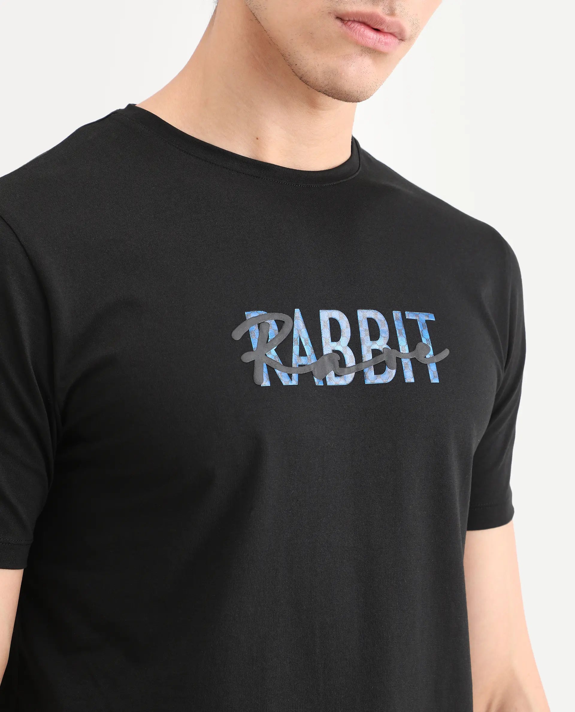 Rare Rabbit Men's Zint Black Cotton Blend Fabric Half Sleeve Crew Neck Regular Fit Graphic Print T-Shirt