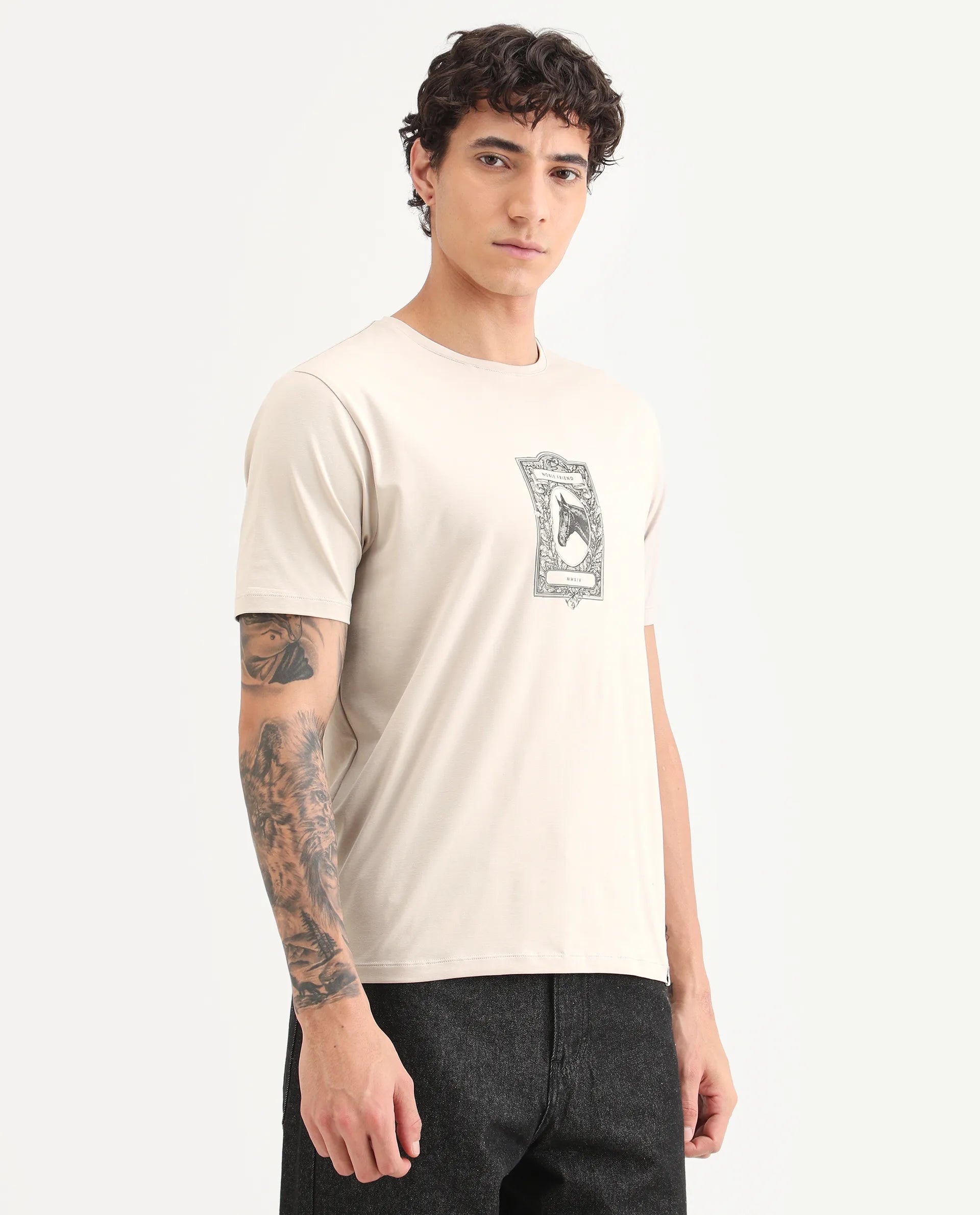 Rare Rabbit Men's Zuk Dusky Beige Cotton Blend Fabric Half Sleeve Crew Neck Regular Fit Graphic Print T-Shirt