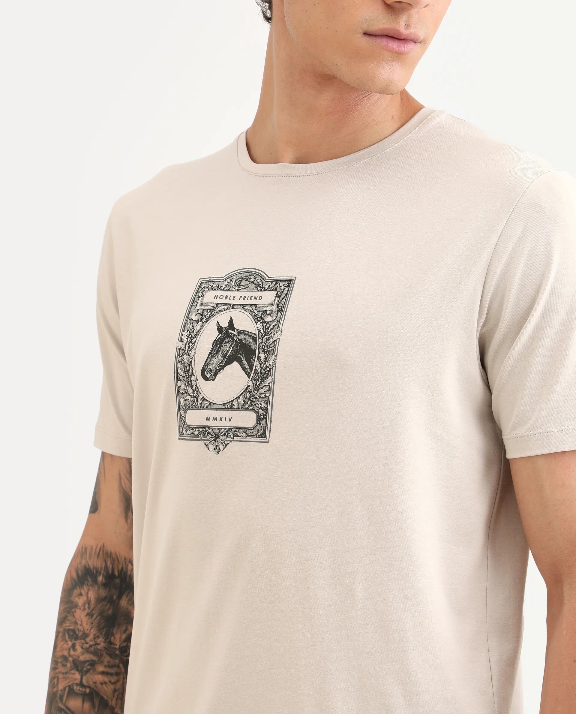 Rare Rabbit Men's Zuk Dusky Beige Cotton Blend Fabric Half Sleeve Crew Neck Regular Fit Graphic Print T-Shirt