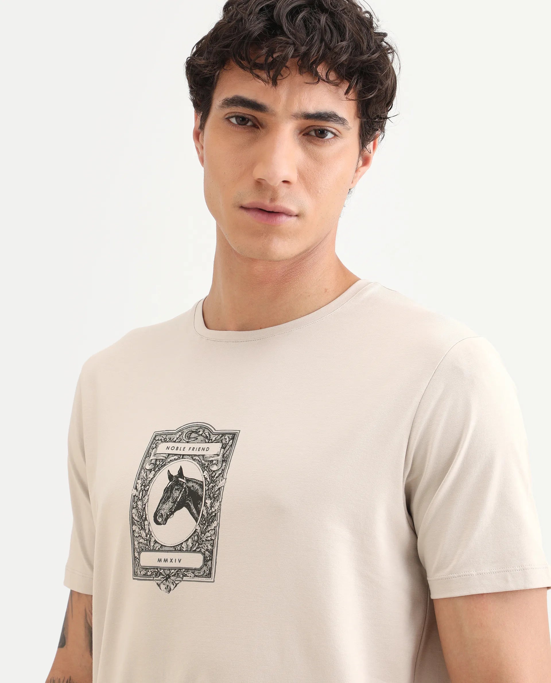 Rare Rabbit Men's Zuk Dusky Beige Cotton Blend Fabric Half Sleeve Crew Neck Regular Fit Graphic Print T-Shirt