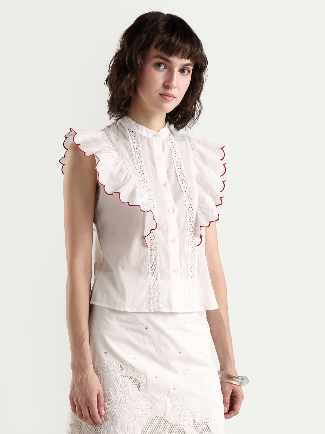 Rareism Women's Adaro Off White Cotton Half Sleeve Regular Fit Plain Top