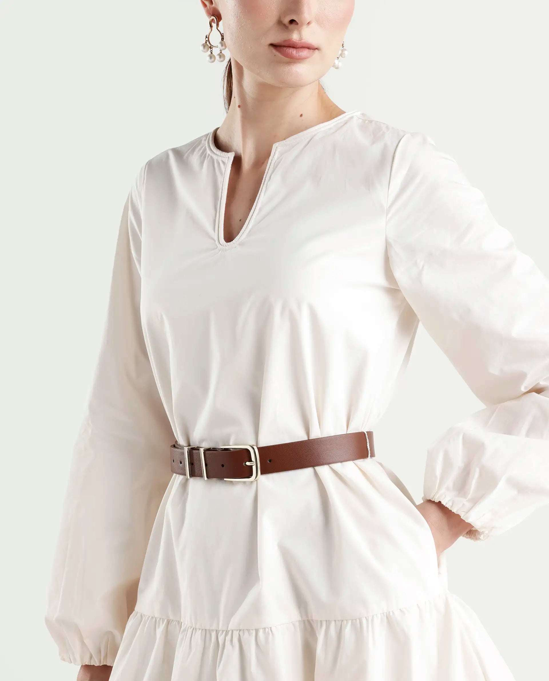 Rareism Women's Aelisi Beige Cotton Full Sleeve A-Line Printed Dress