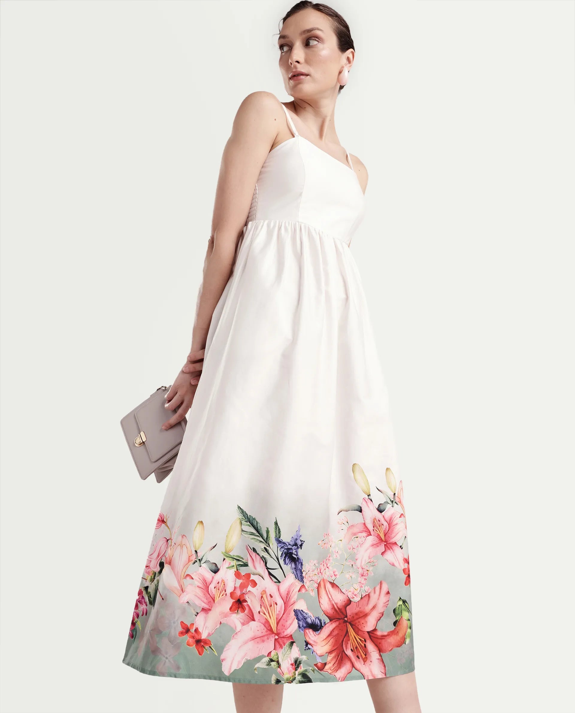 Rareism Women's Agate Off White Cotton Satin Sleeveless Fit And Flare Printed Dress