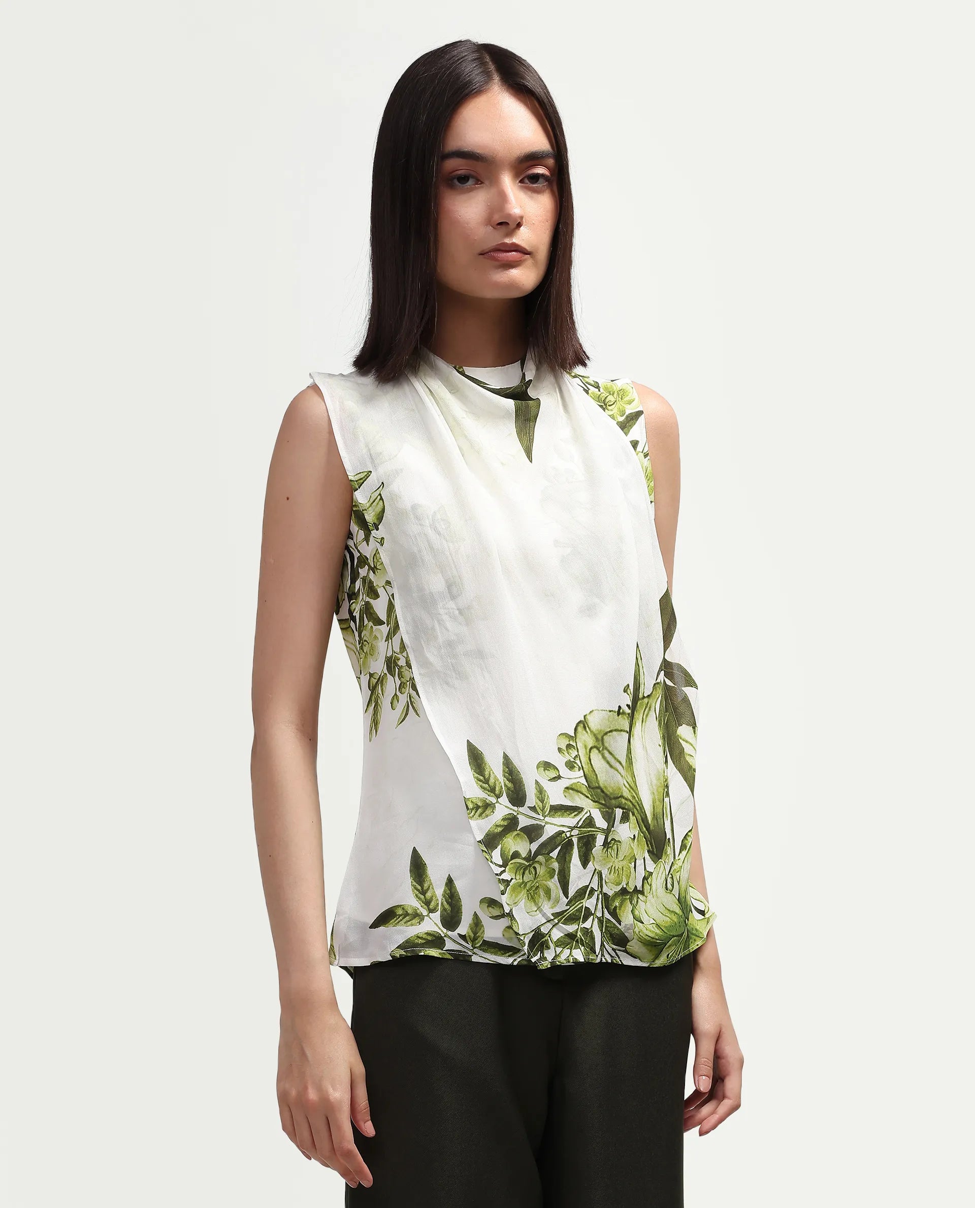 Rareism Women's Alita Off White Viscose Blend Sleeveless Regular Fit Floral Print Top