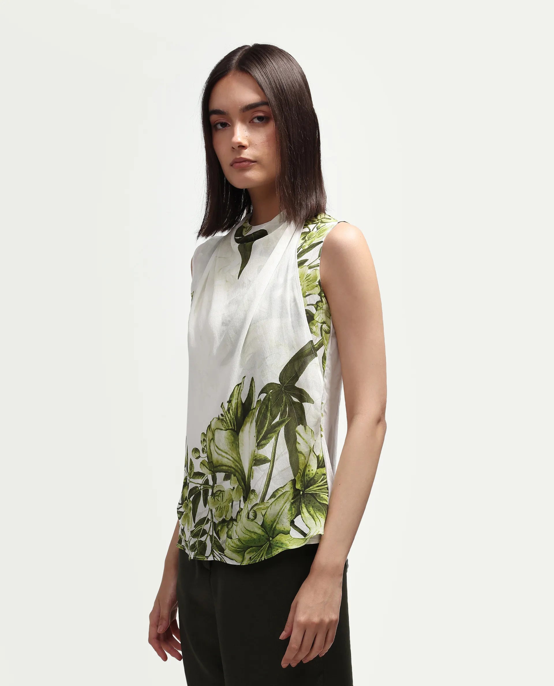 Rareism Women's Alita Off White Viscose Blend Sleeveless Regular Fit Floral Print Top