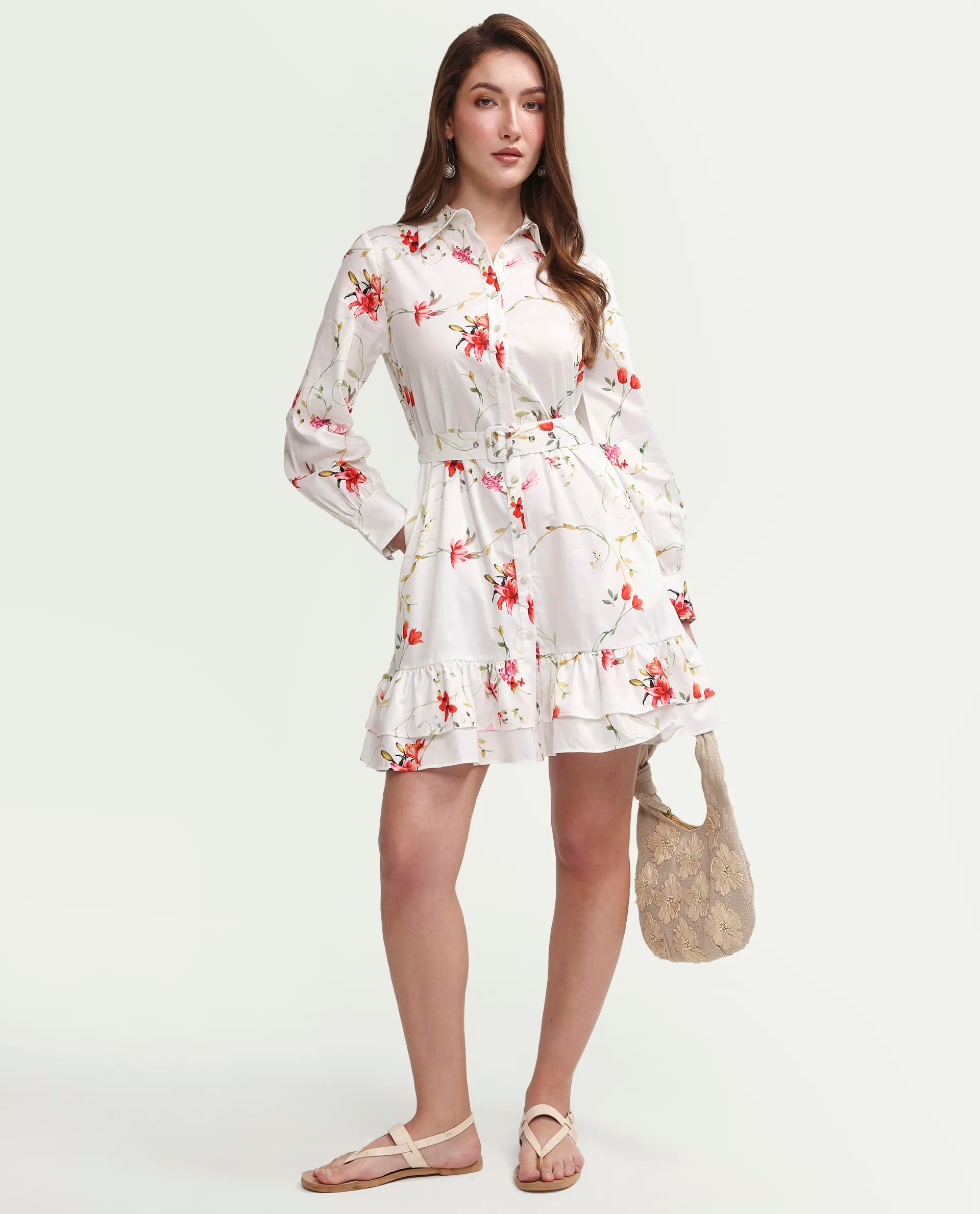 Rareism Women's Alitap Off White Cotton Satin Full Sleeve Fit And Flare Floral Print Dress