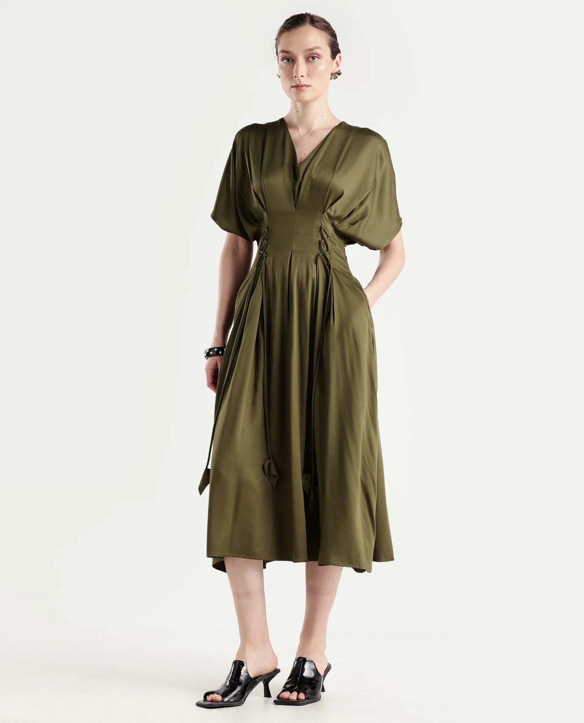 Rareism Women's Alves Olive Viscose Half Sleeve Fit And Flare Plain Dress