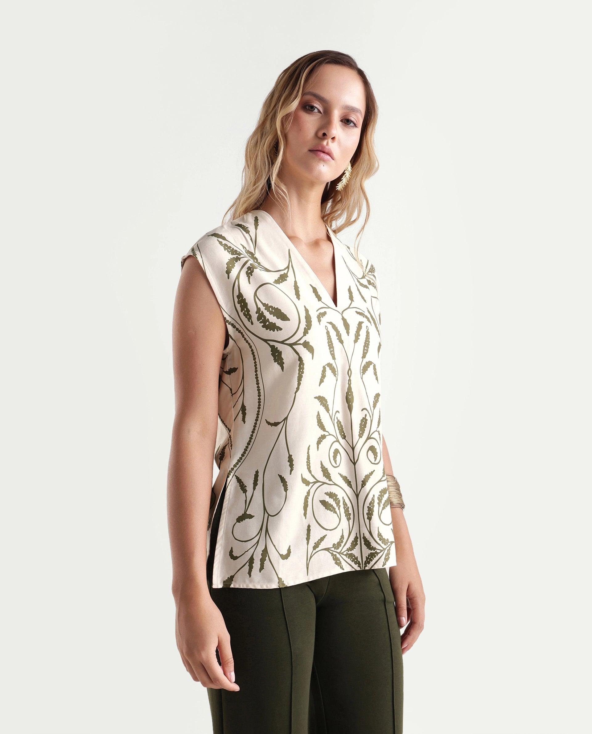 Rareism Women's Anina-T Beige Ornamental Print Cotton Blend Regular Fit Short Sleeves Top