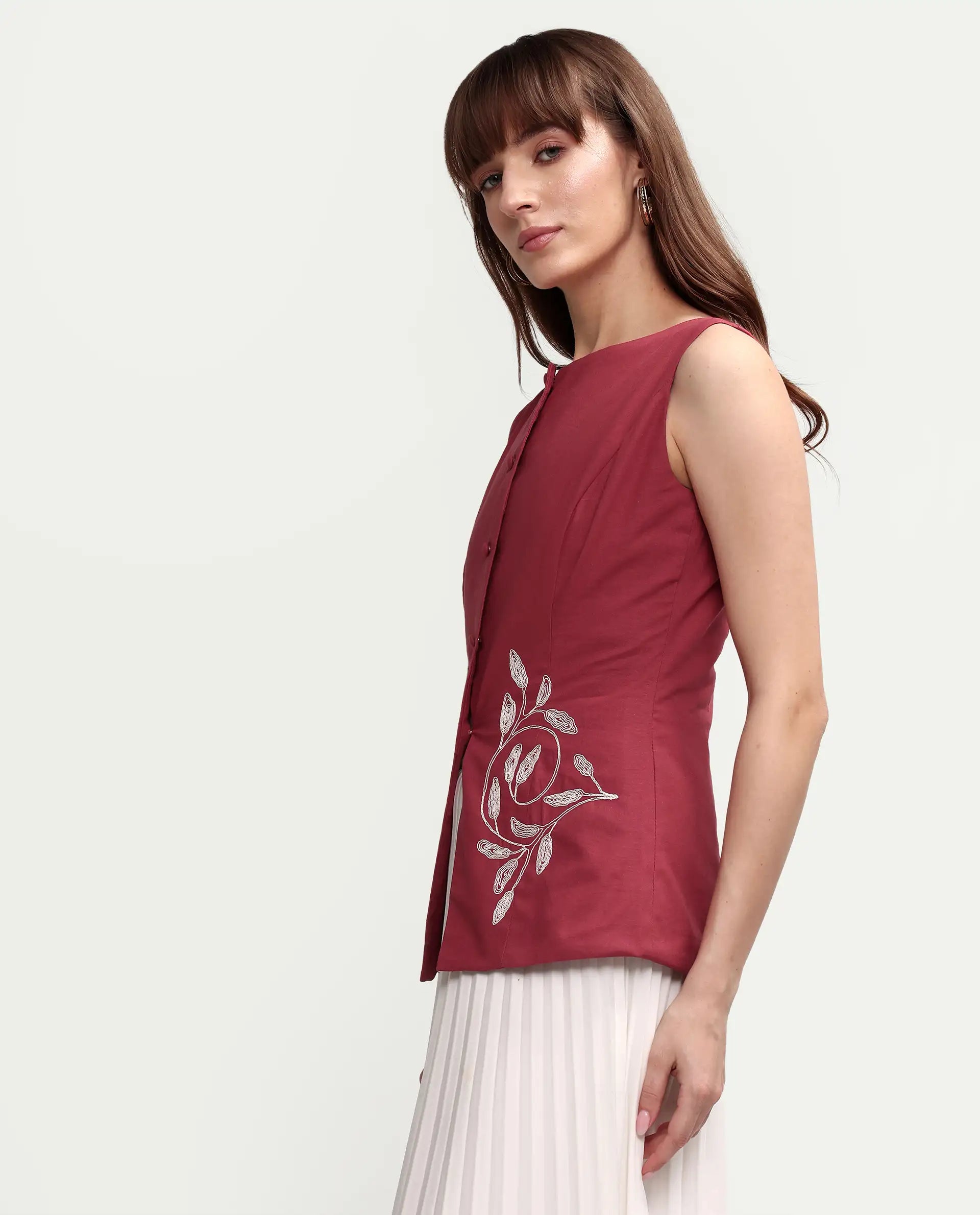Rareism Women's Apin-T Dusky Red Cotton Sleeveless Regular Fit Plain Top