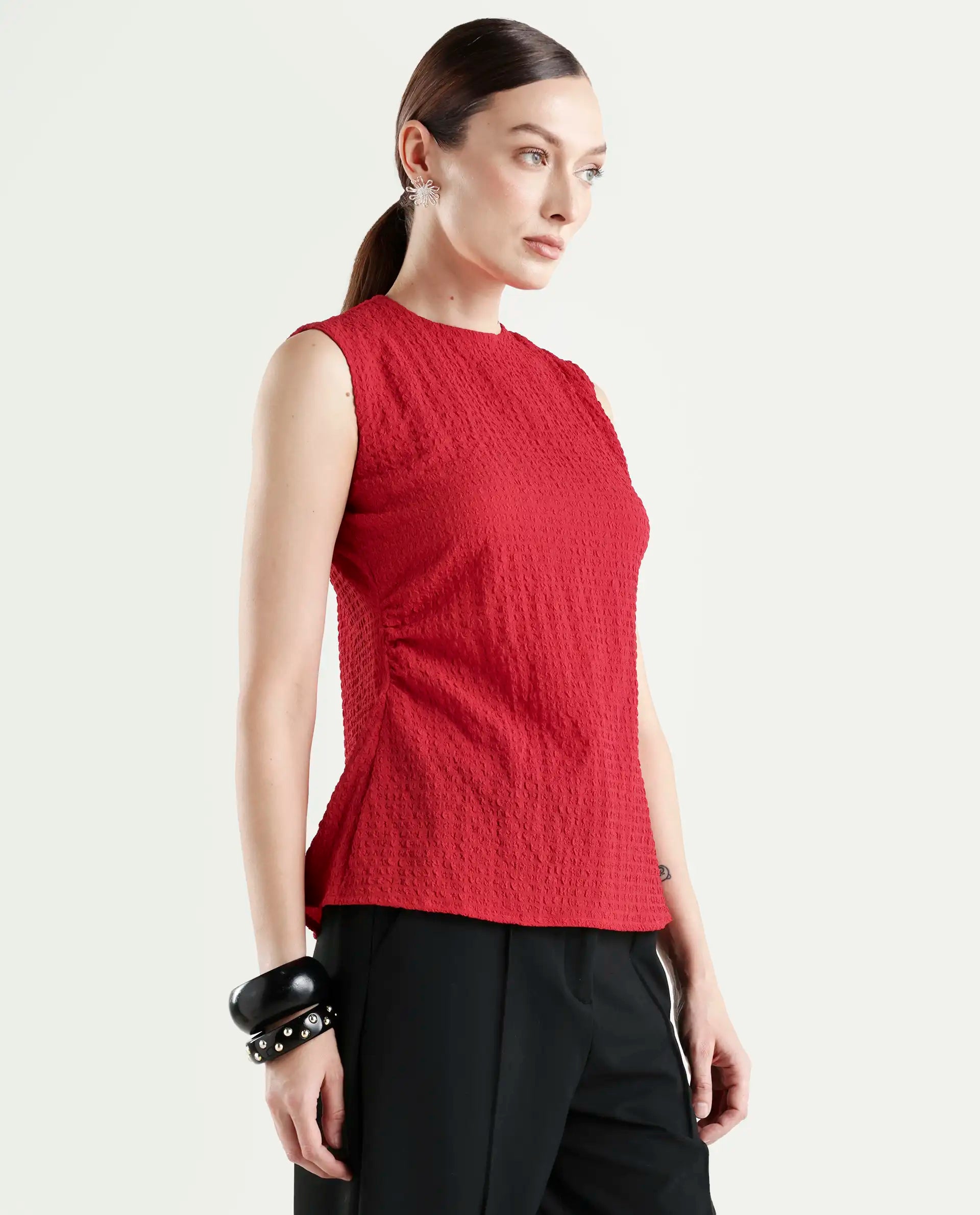 Rareism Women's Arrix Red Polyester Sleeveless Regular Fit Plain Top