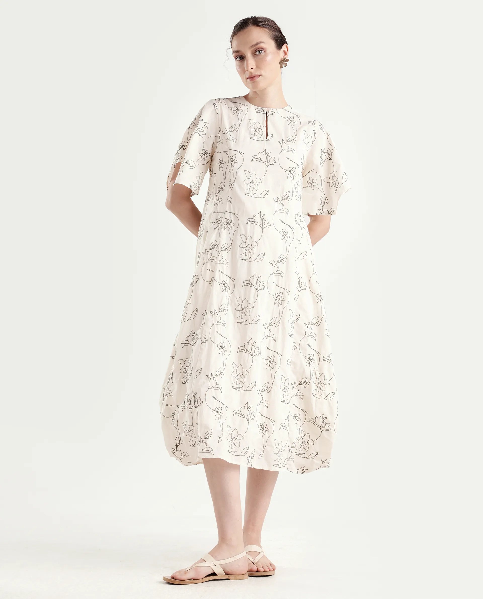 Rareism Women's Ater Beige Cotton Half Sleeve A-Line Plain Dress