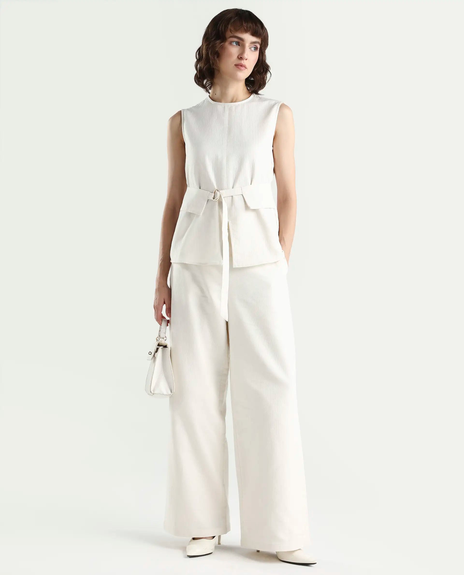 Rareism Women's Aubra-B Off White Cotton Wide Leg Plain Trouser