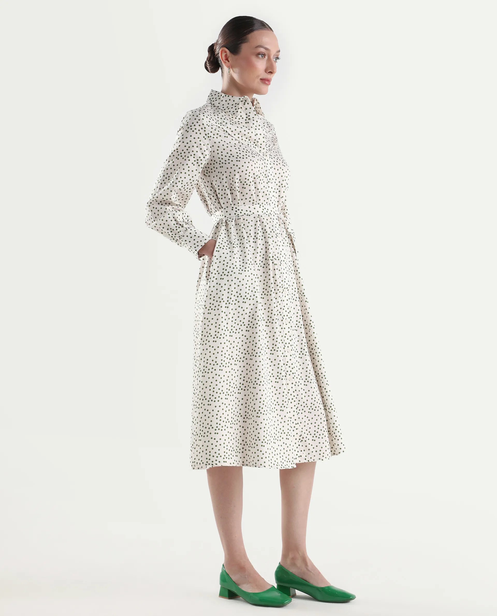 Rareism Women's Avac Off White Cotton Satin Full Sleeve A-Line Polka Print Dress