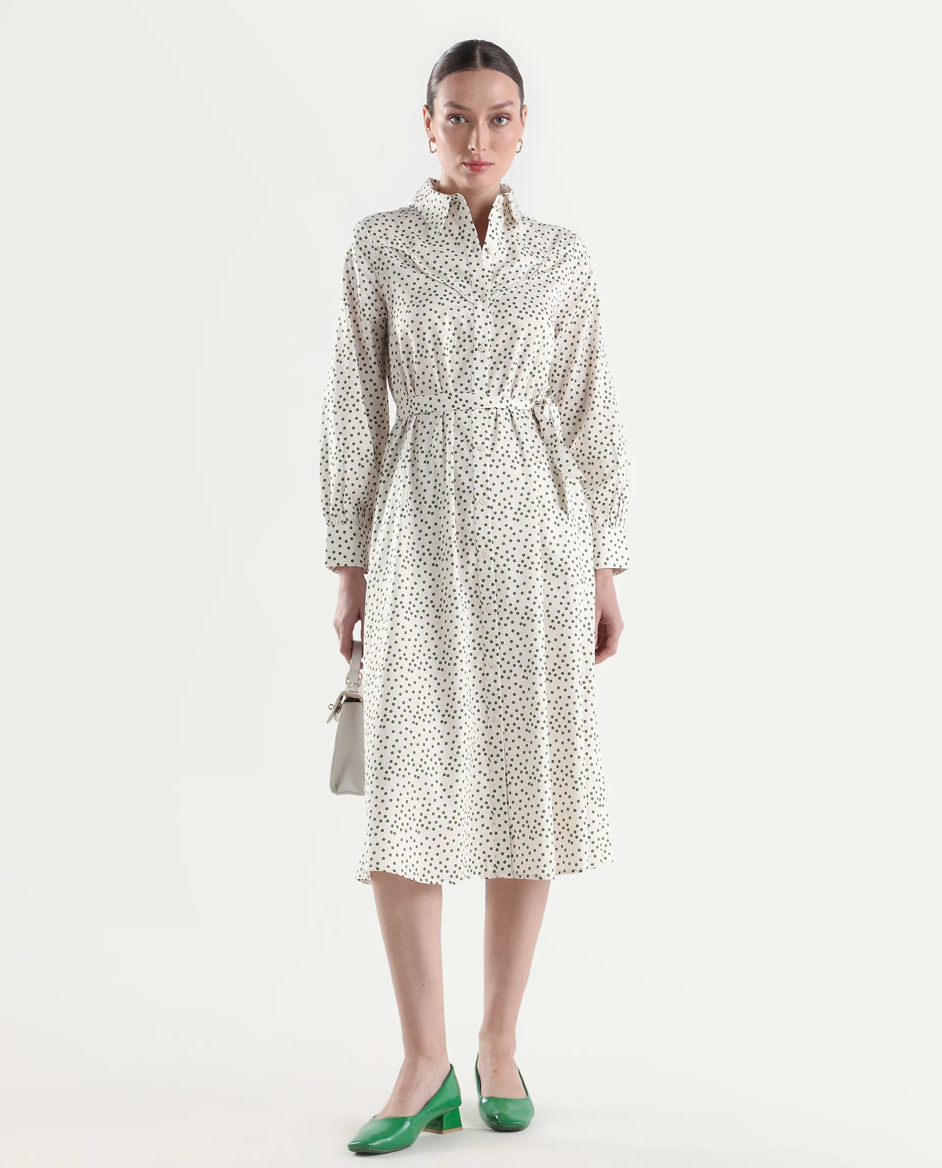 Rareism Women's Avac Off White Cotton Satin Full Sleeve A-Line Polka Print Dress