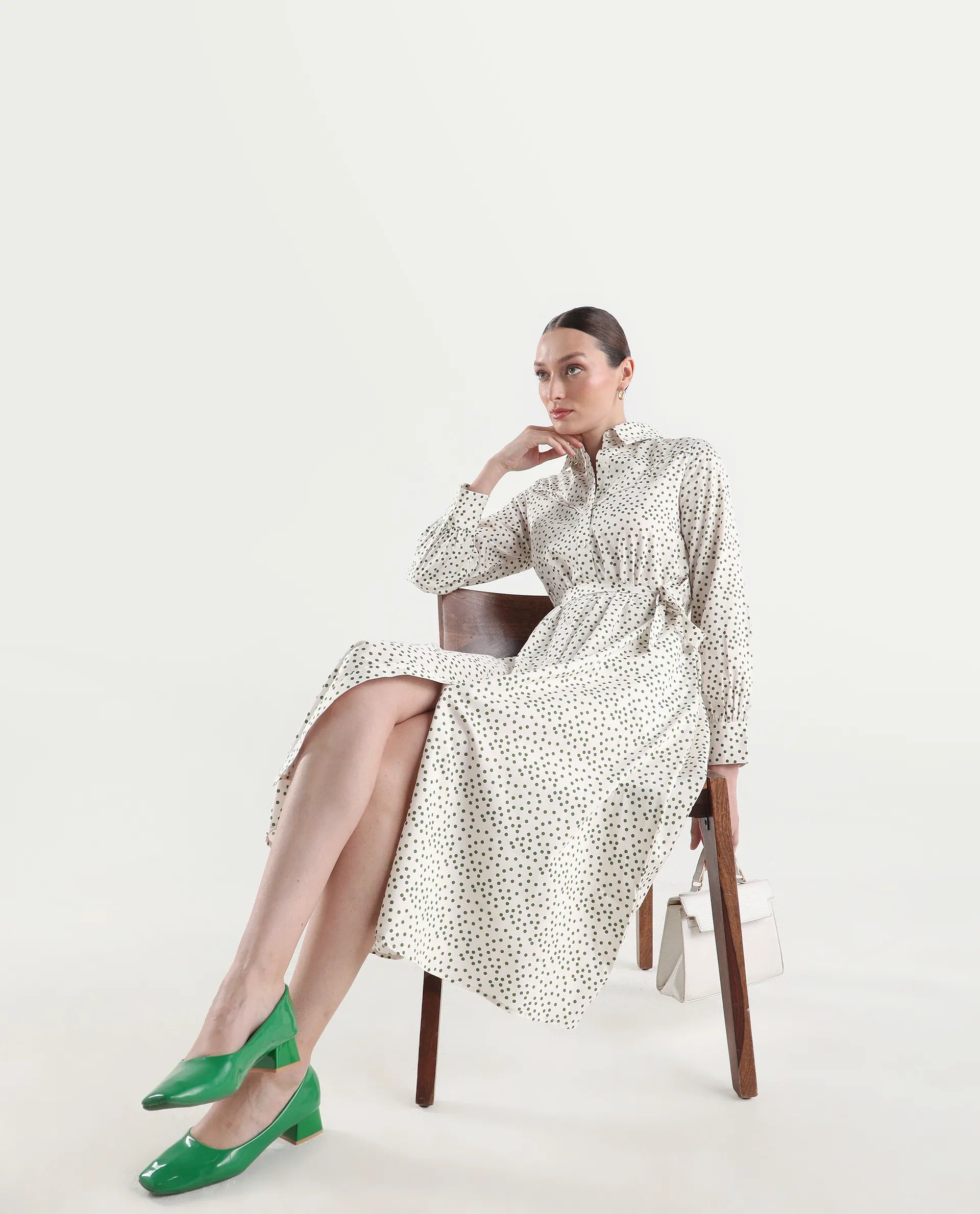 Rareism Women's Avac Off White Cotton Satin Full Sleeve A-Line Polka Print Dress