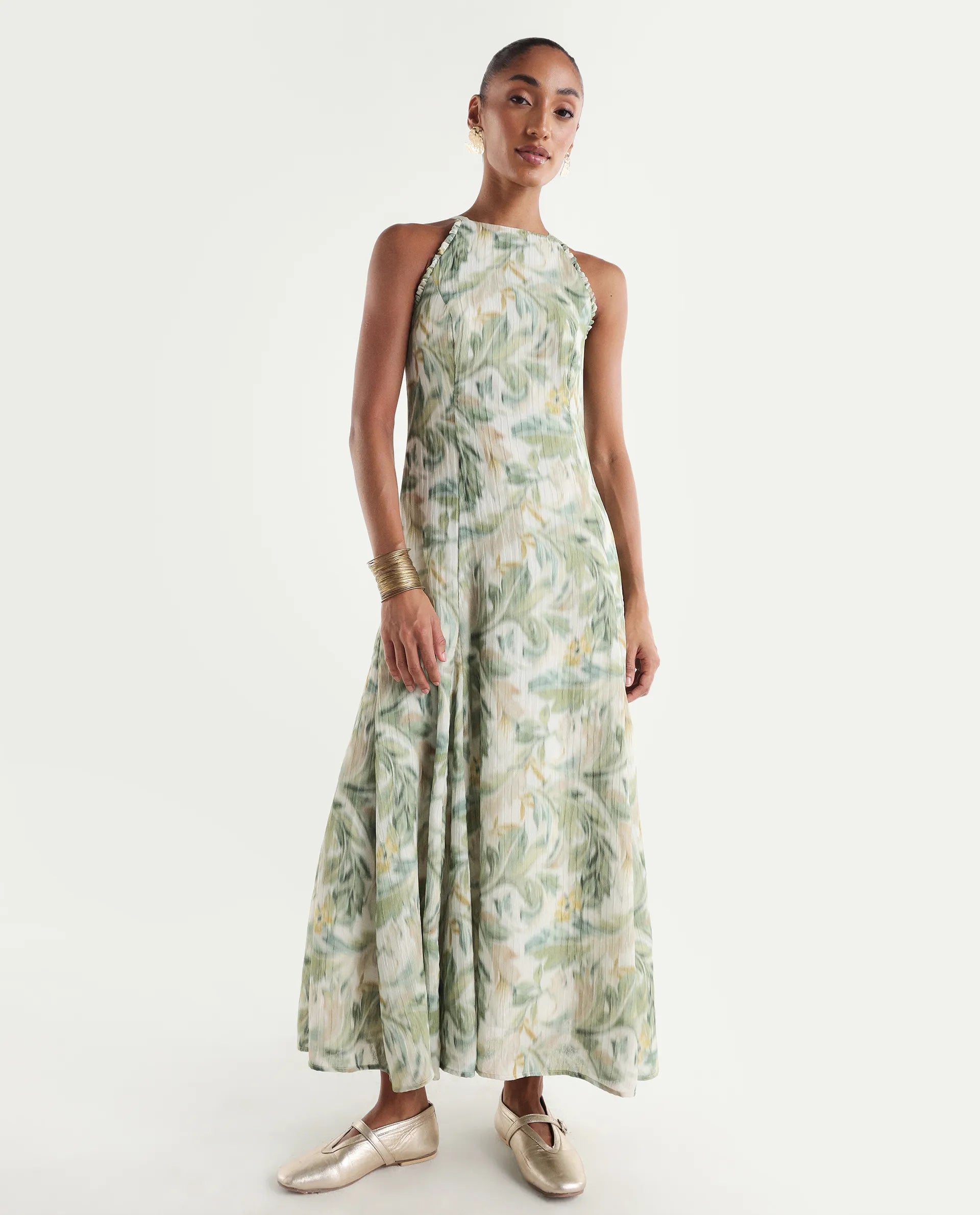Rareism Women's Avenu Light Green Polyester Sleeveless Fit And Flare Printed Dress