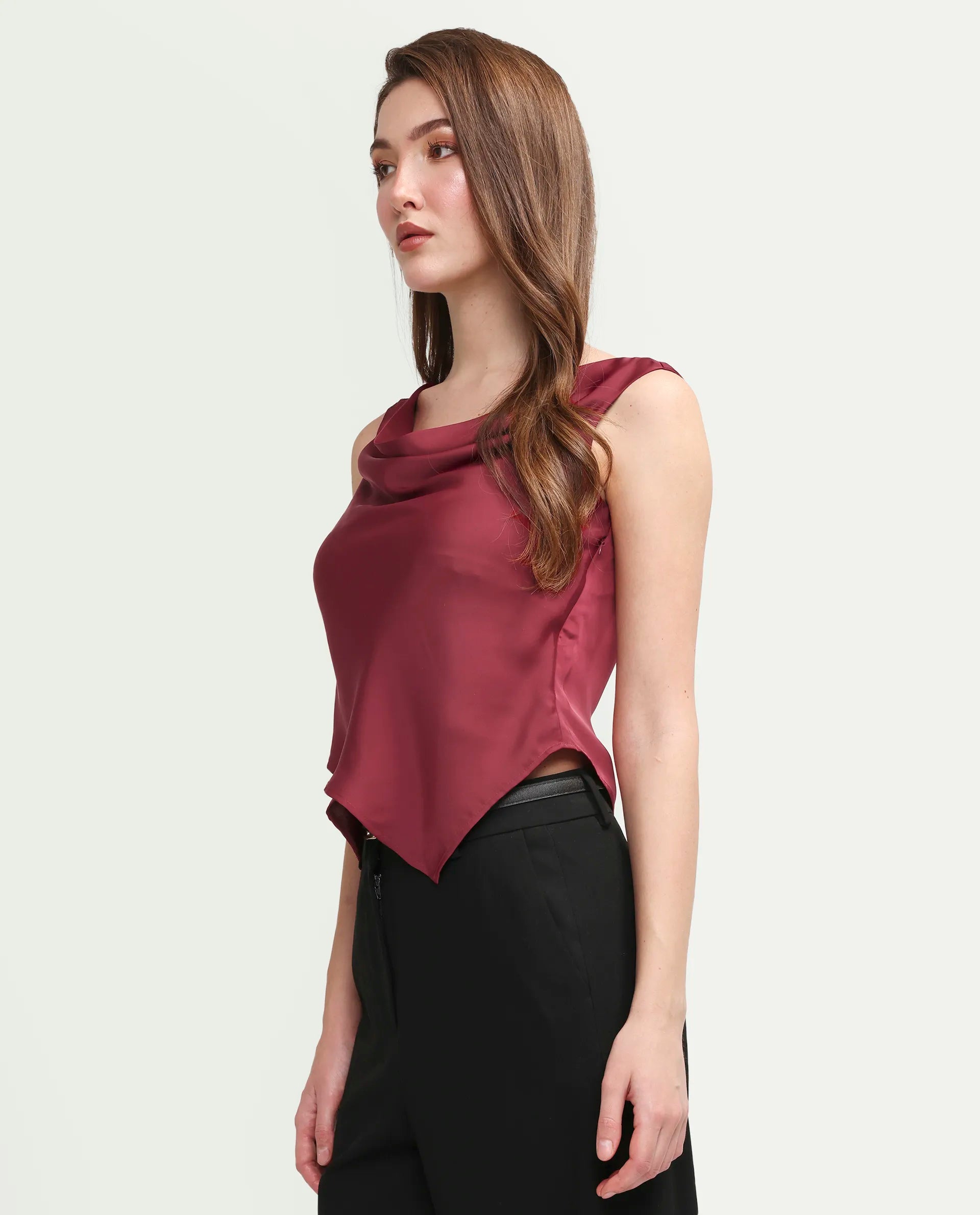 Rareism Women's Avini Dark Red Polyester Sleeveless Fitted Plain Top