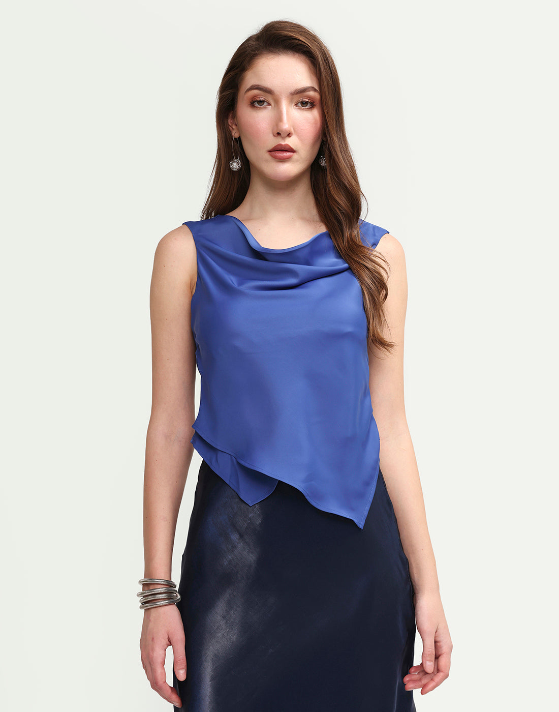 Rareism Women's Avini Blue Polyester Sleeveless Fitted Plain Top