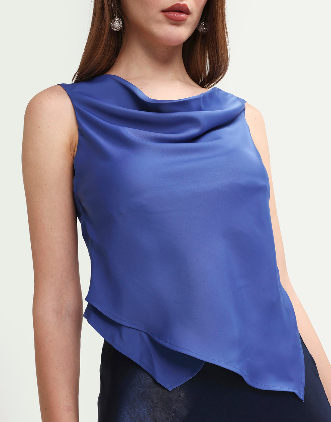 Rareism Women's Avini Blue Polyester Sleeveless Fitted Plain Top