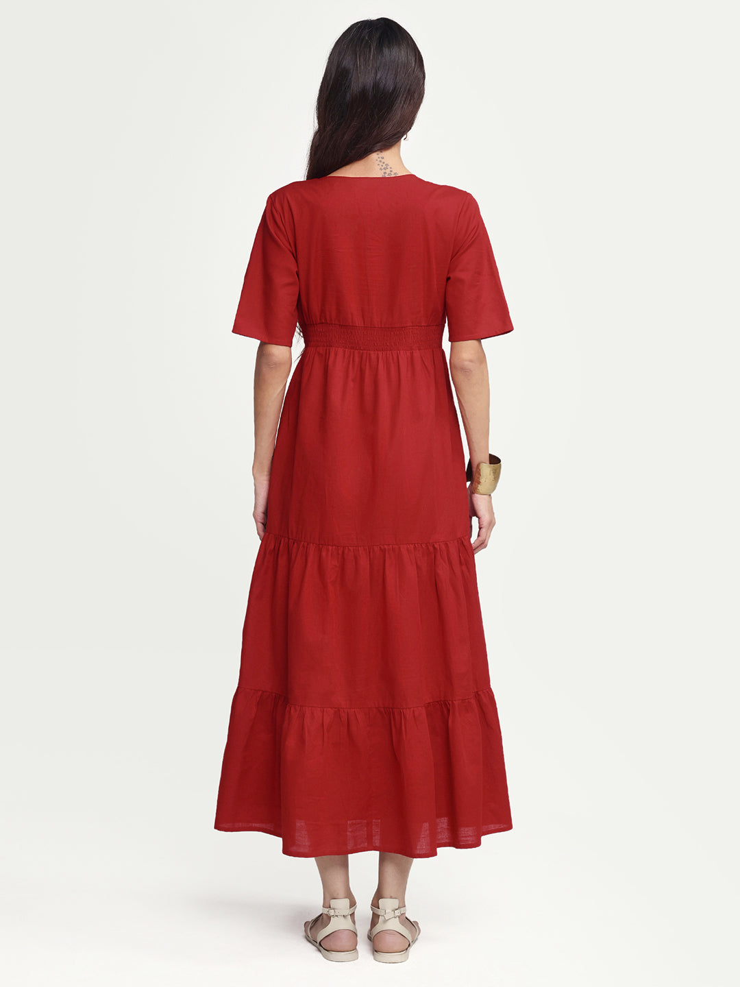 Rareism Women's Aziel Red Cotton Half Sleeve Fit And Flare Plain Dress