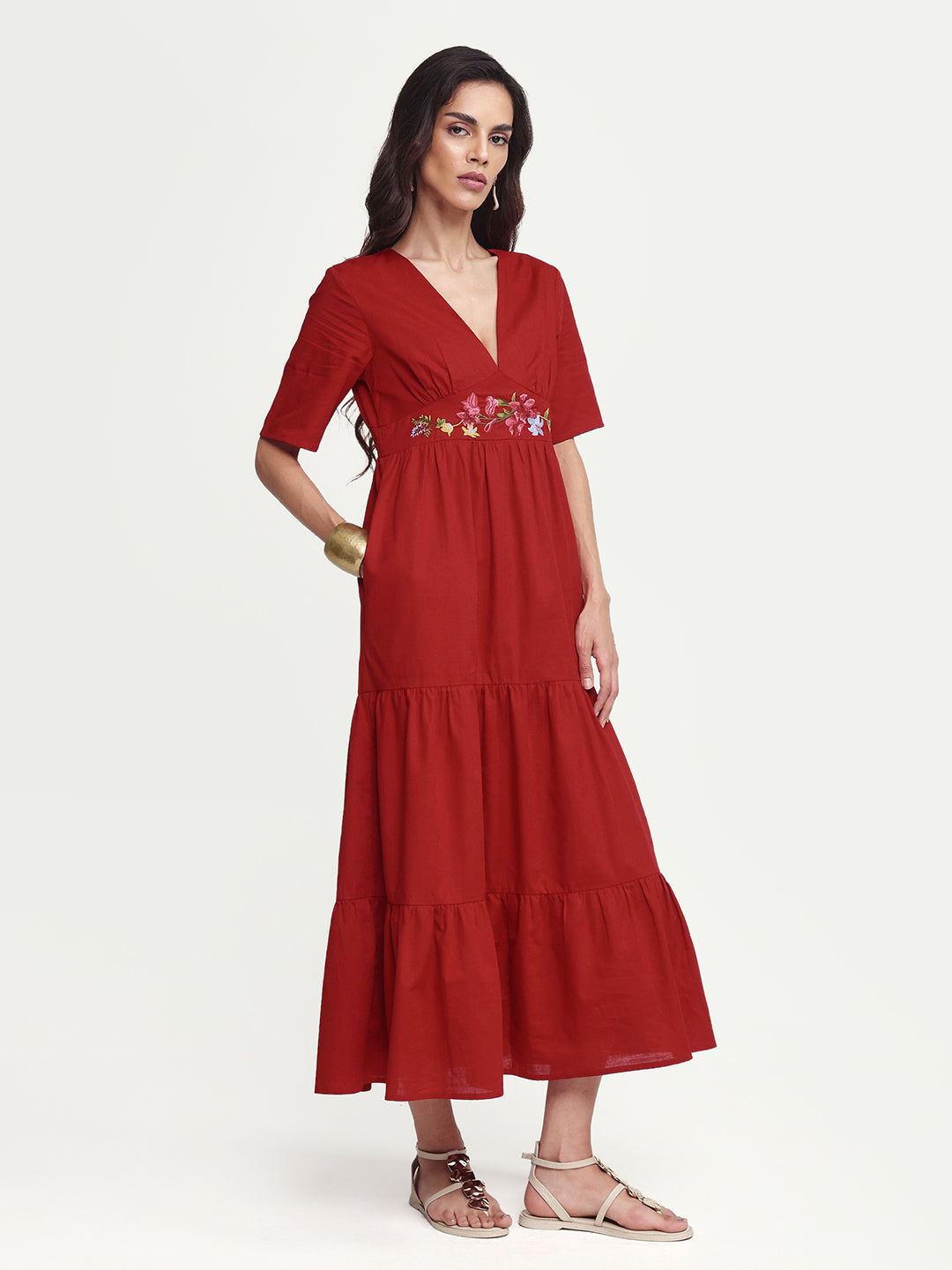 Rareism Women's Aziel Red Cotton Half Sleeve Fit And Flare Plain Dress