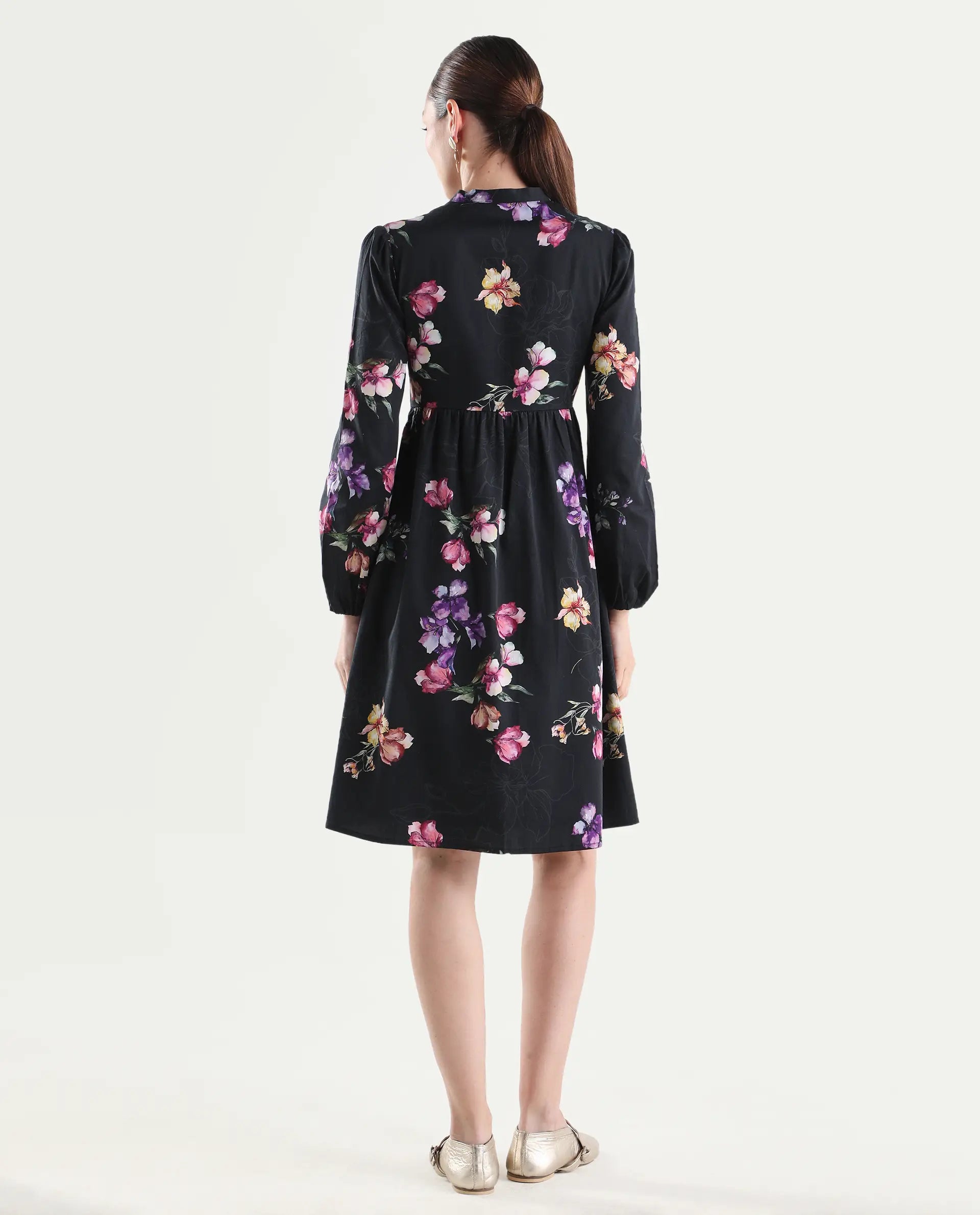 Rareism Women's Calin Black Cotton Full Sleeve A-Line Floral Print Dress