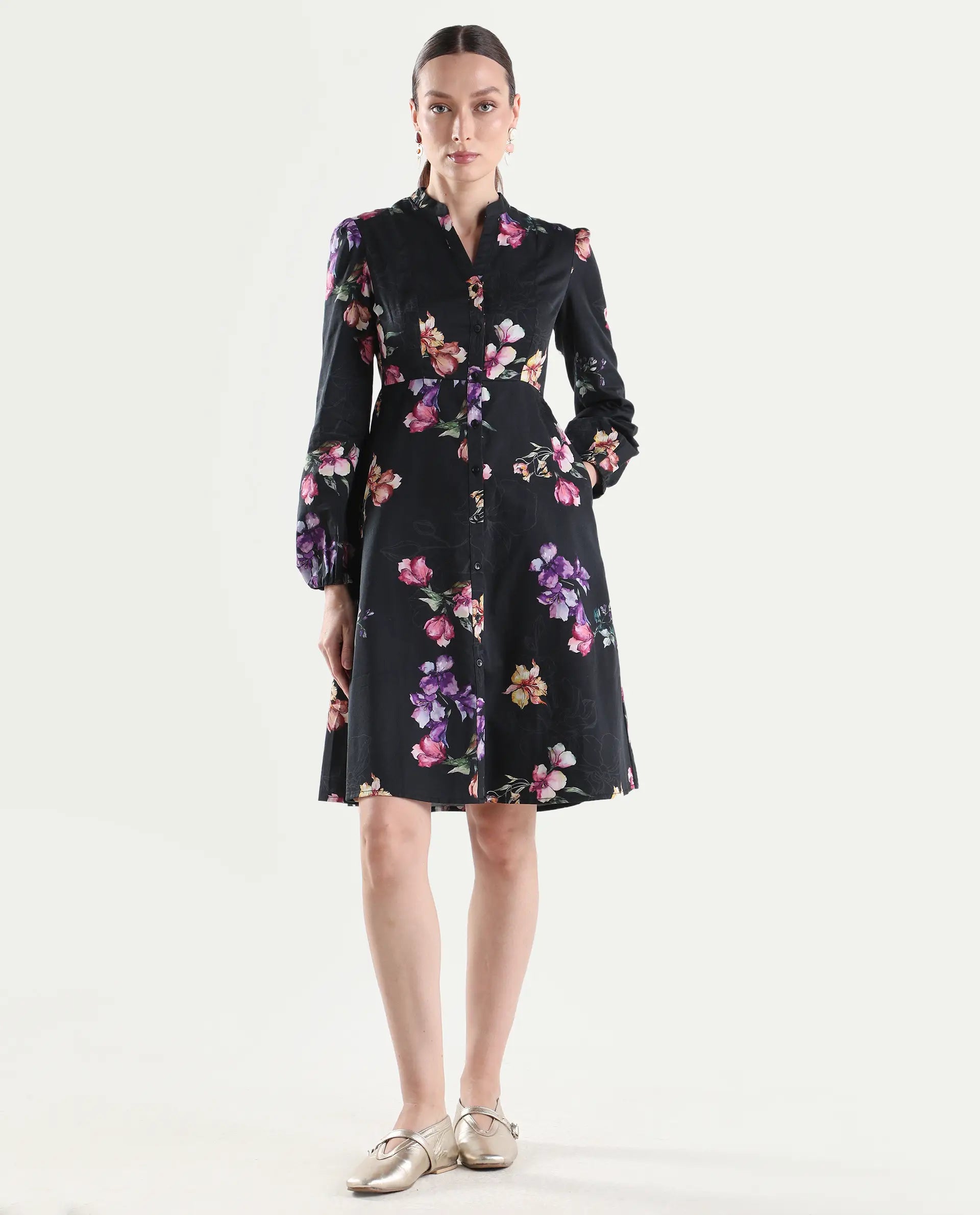Rareism Women's Calin Black Cotton Full Sleeve A-Line Floral Print Dress