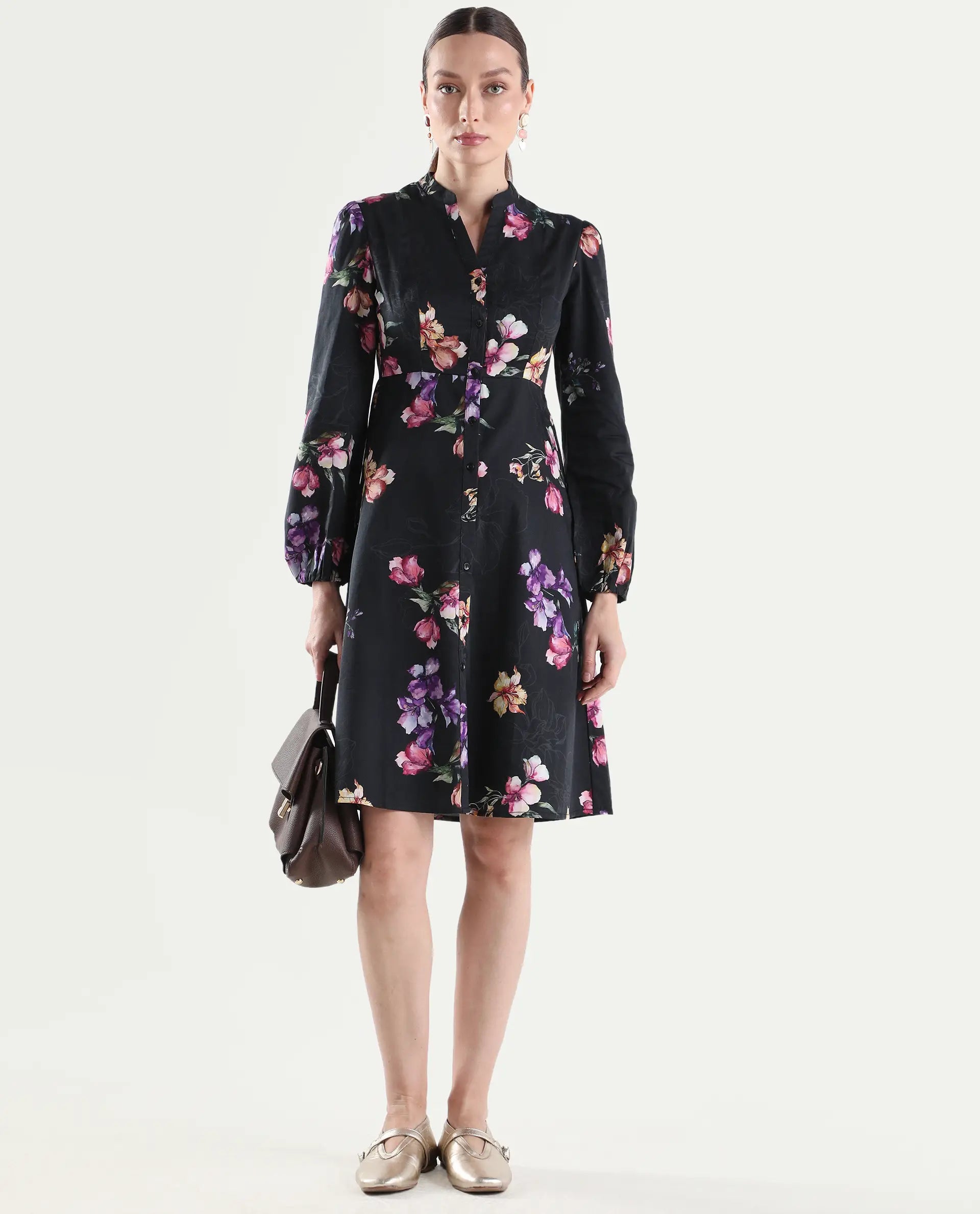 Rareism Women's Calin Black Cotton Full Sleeve A-Line Floral Print Dress