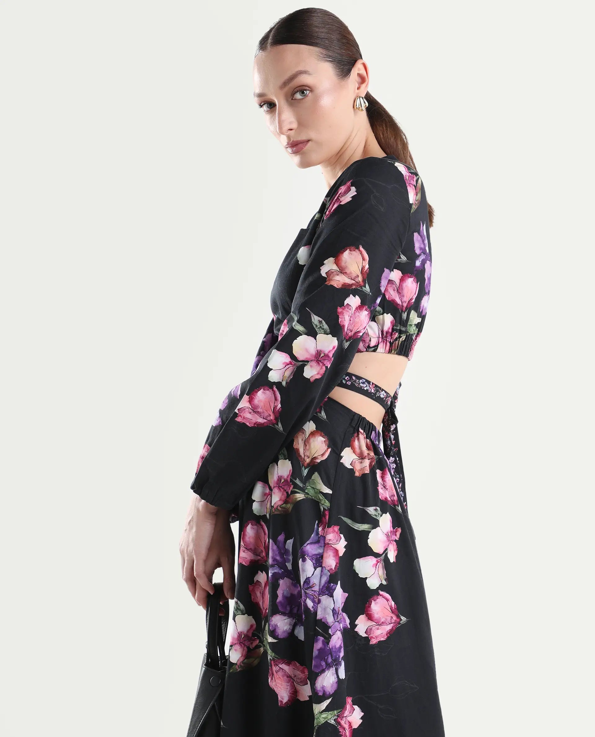 Rareism Women's Calin Black Cotton Full Sleeve A-Line Floral Print Dress
