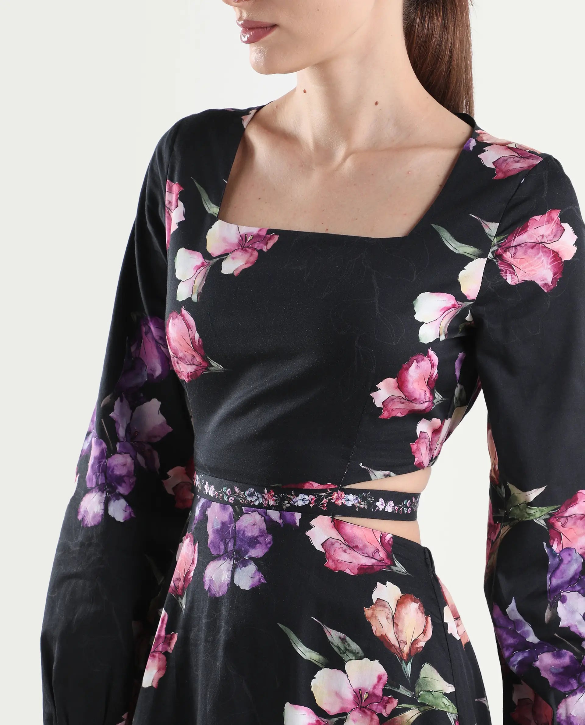 Rareism Women's Cally Black Cotton Full Sleeve Fit And Flare Floral Print Dress