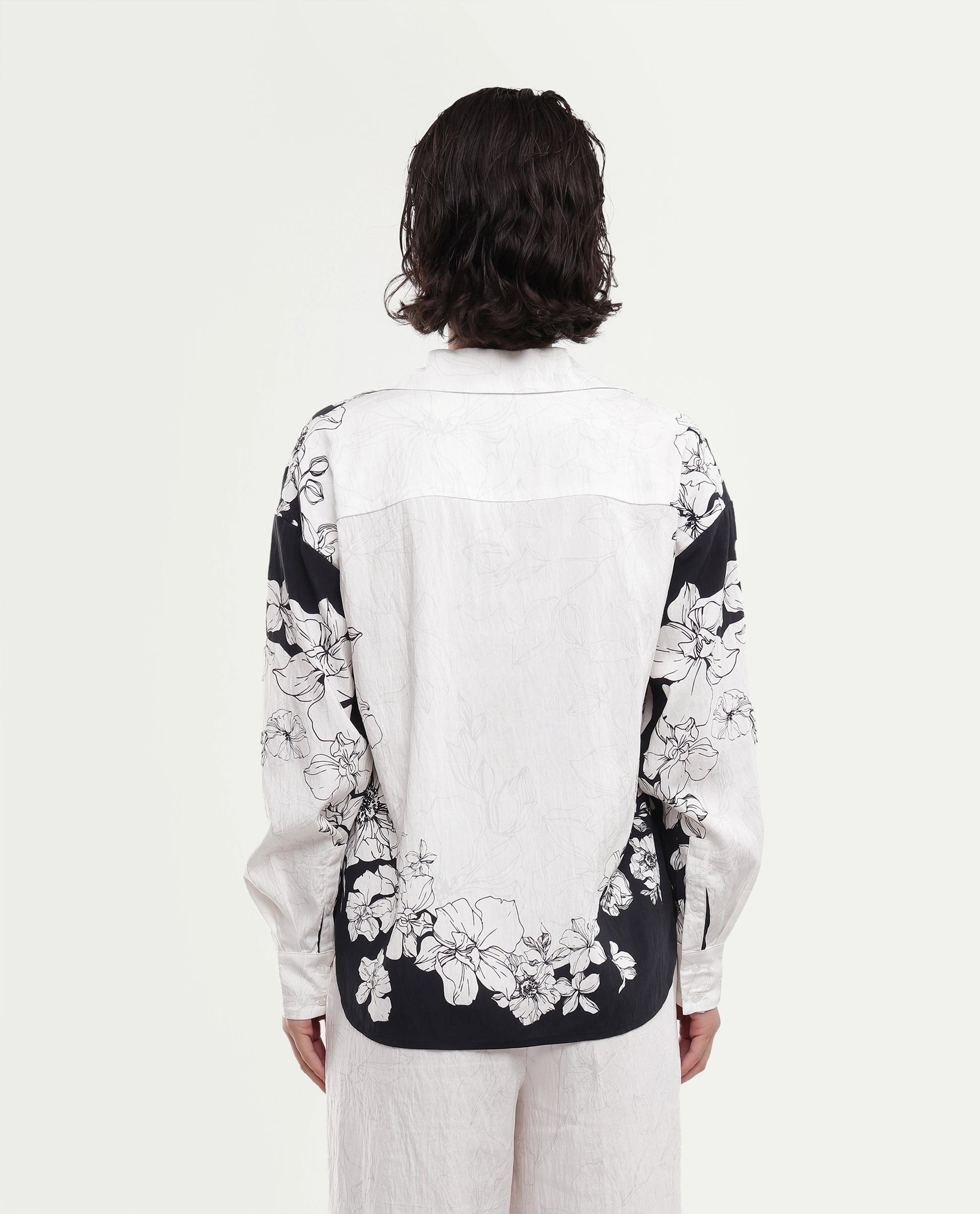 Rareism Women's Camiya-T White Viscose Blend Full Sleeve Boxy Printed Shirt