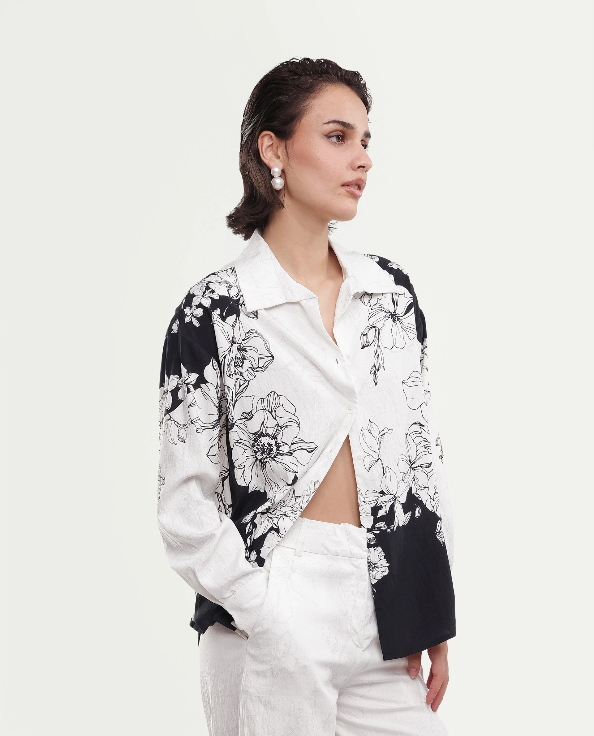 Rareism Women's Camiya-T White Viscose Blend Full Sleeve Boxy Printed Shirt