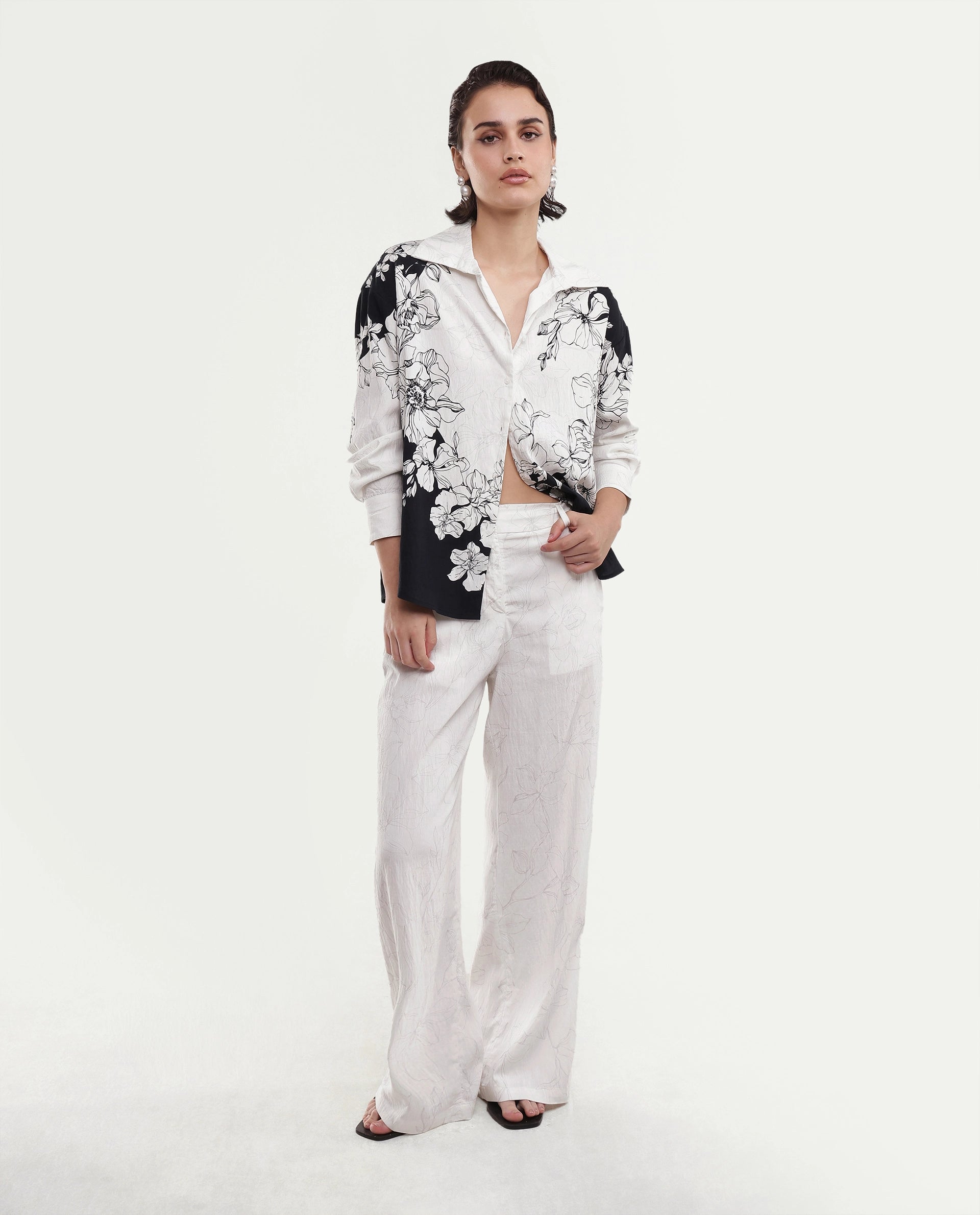 Rareism Women's Camiya-T White Viscose Blend Full Sleeve Boxy Printed Shirt