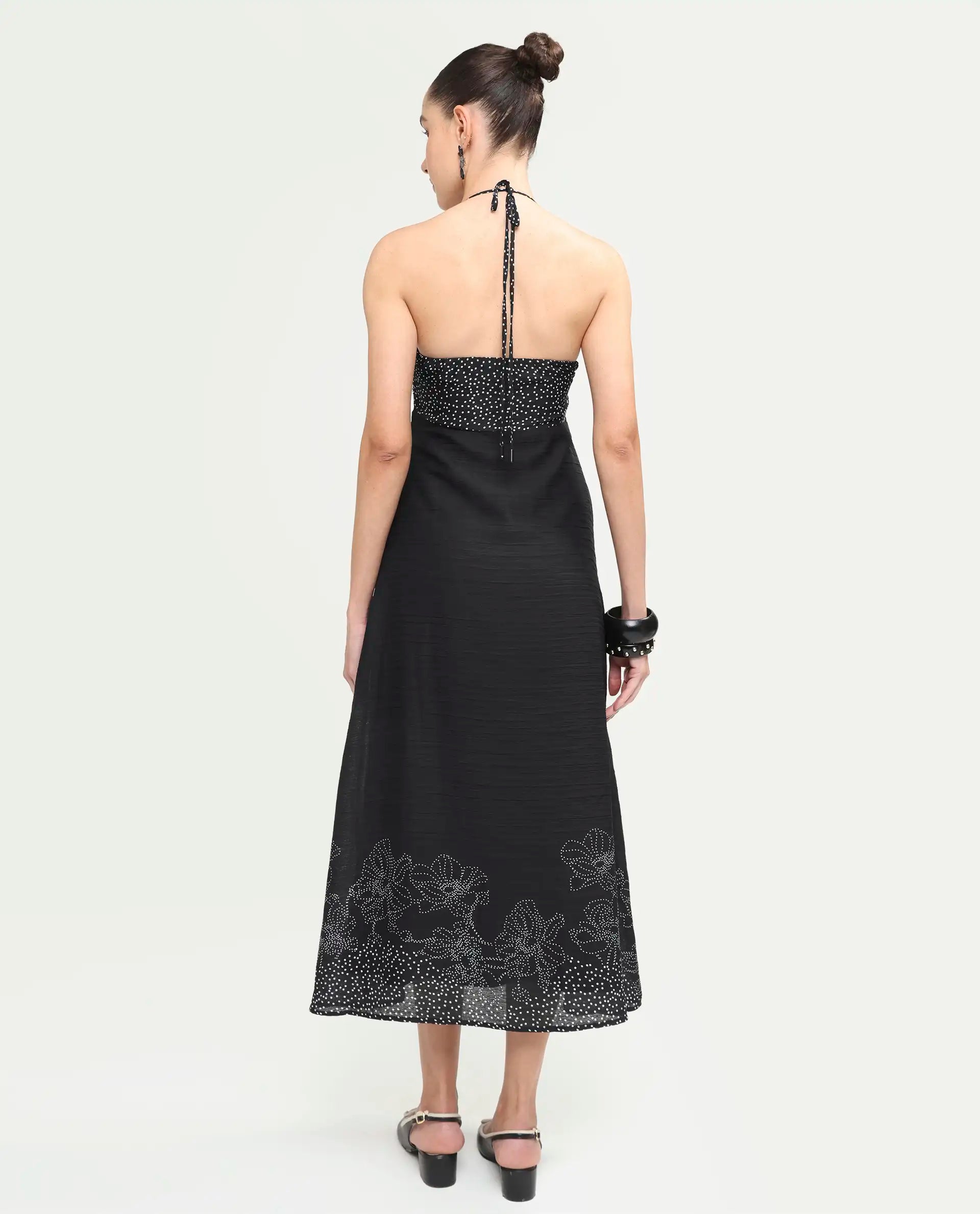 Rareism Women's Cassy Black Polyester Sleeveless Fit And Flare Floral Print Dress